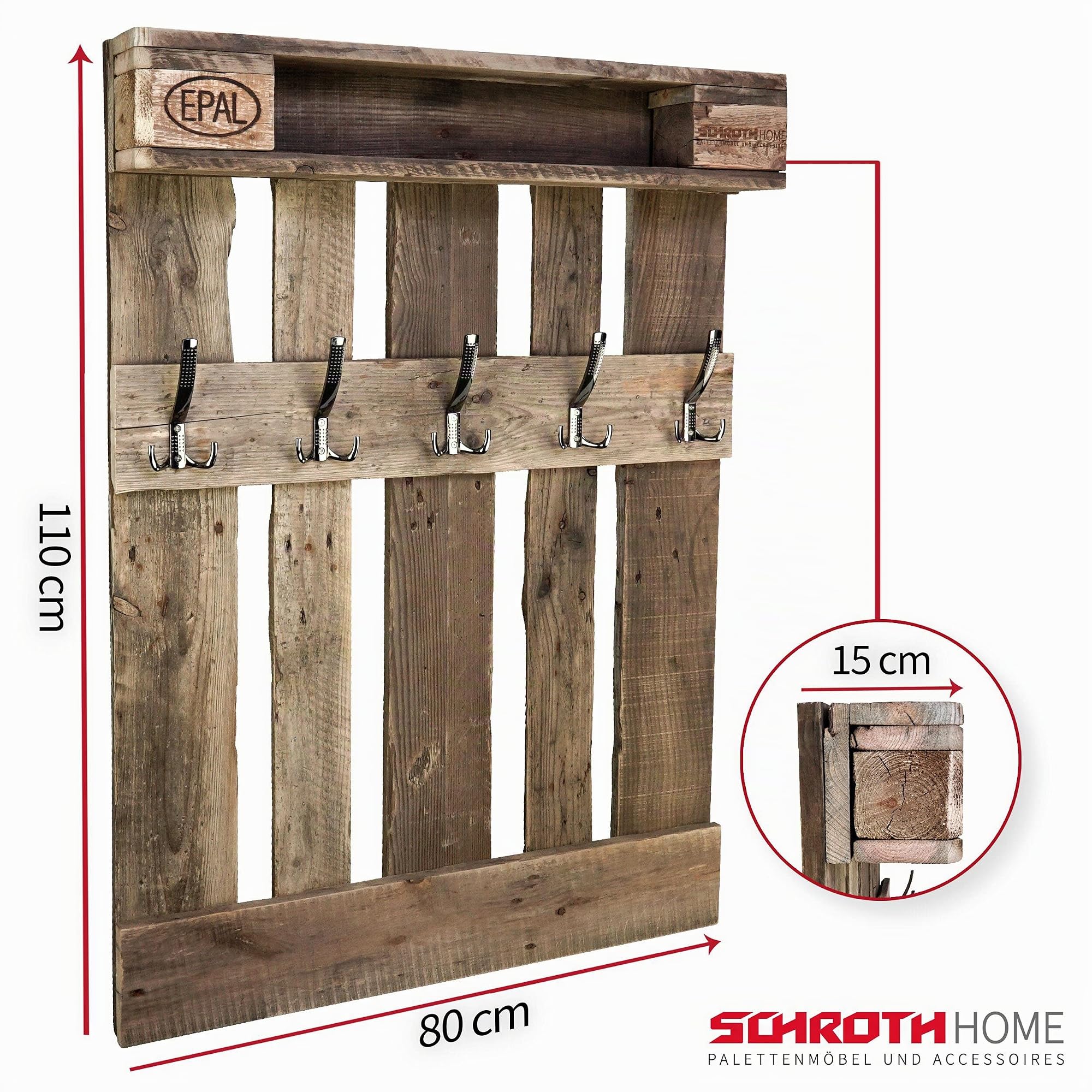 Schroth Home PALrobe Maxi 120 x 80 x 14 cm – Wandgarderobe mit Ablage – Vintage-Garderobe aus Holz – mit Haken