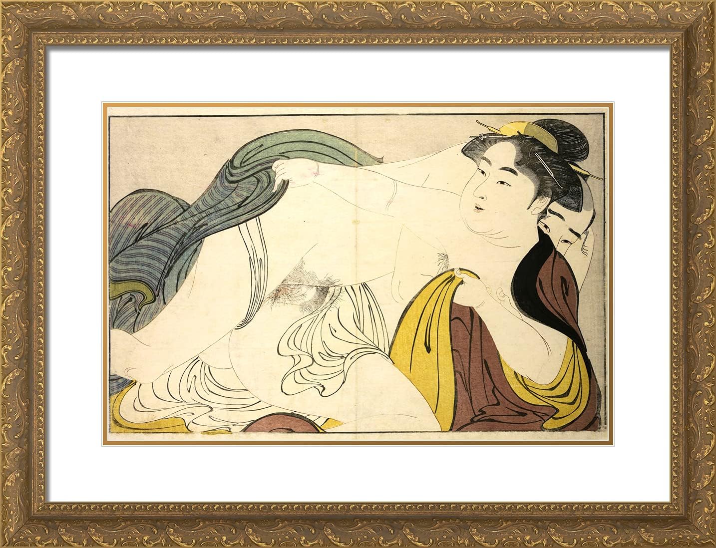 ArtDirect Utamaro, Kitagawa 24x19 Gold Ornate Framed Art Print with Double Matting Titled: The Erotic shunga II