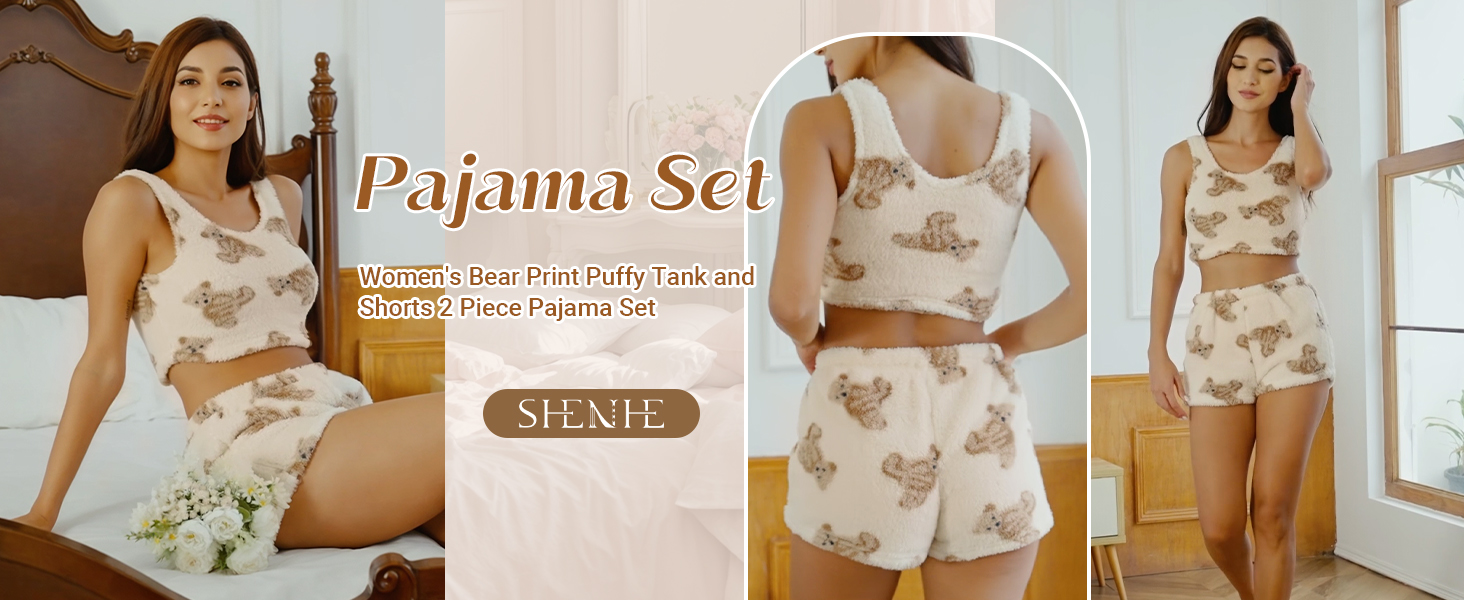 SHENHE Women's Fuzzy Pajamas Bear Print Puffy Tank and Shorts 2