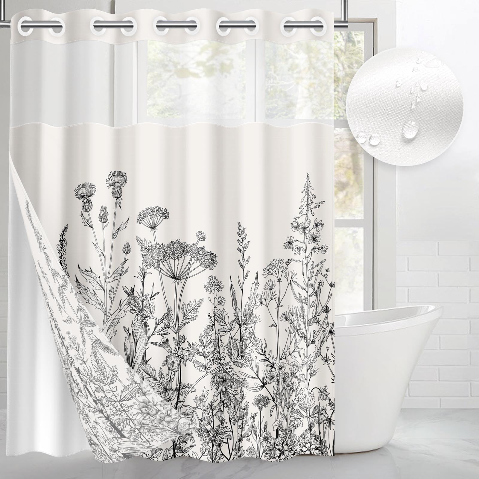 EmvencyNo Hook Floral Herbs and Wildflowers Light Grey Background Shower Curtain with Snap in Fabric Liner Set, Waterproof with See Through Mesh Top Window Vintage Bath Curtain 71x74 Inch