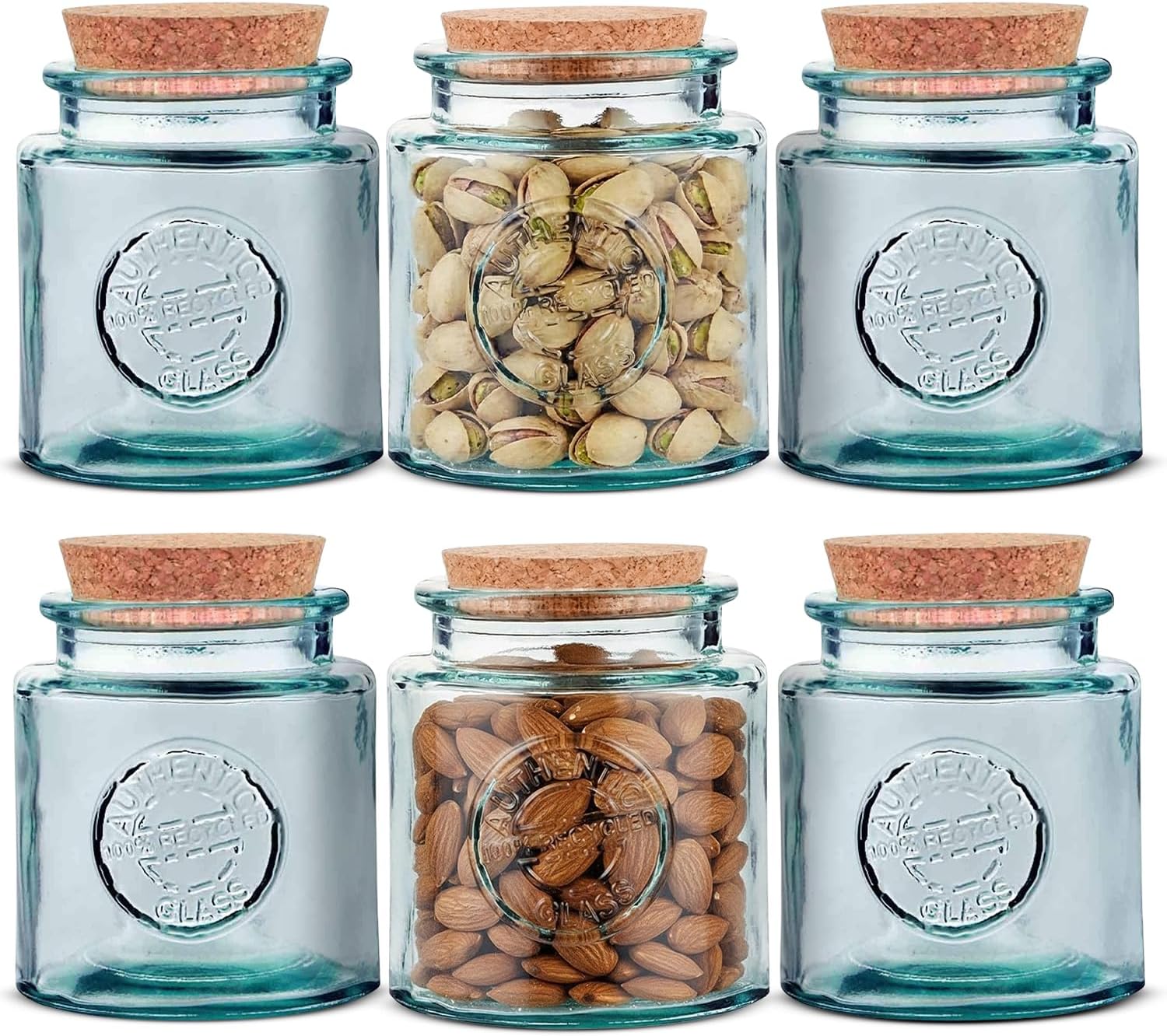 COURONNE CO. 6 Pack Glass Jars with Cork Lid, Vintage Style Recycled Glass Storage Container for Pantry, Kitchen & Countertop, Clear, 16.9 Oz (500ML)