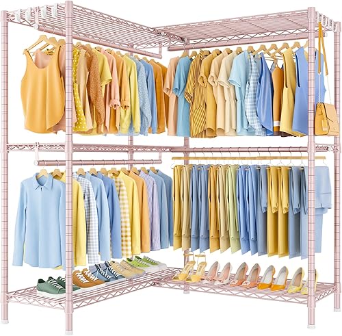 Miniatura 14 de E15 - Perchero en forma de L para esquina, perchero independiente para colgar ropa, organizador de armario resistente con 4 varillas para colgar y 8