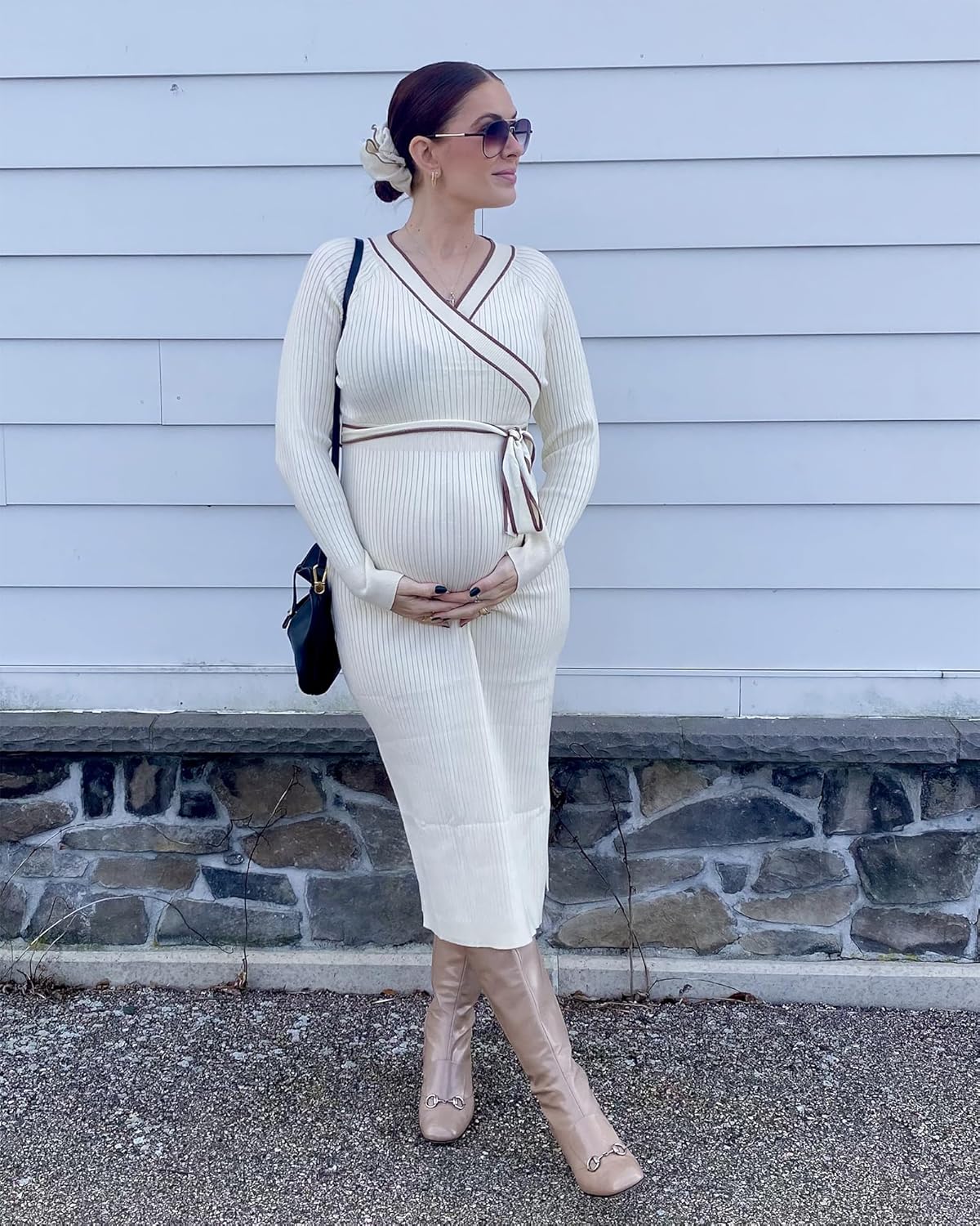 V FOR CITY Maternity Sweater Dress Long Sleeve Wrap V Neck Knit Pregnancy Dresses for Baby Shower Photoshoot Outfits