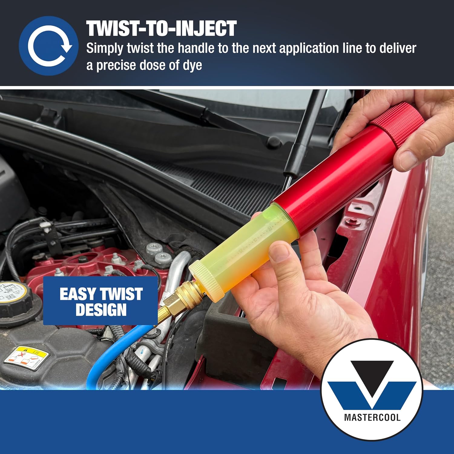 Mastercool 53223 Cartridge-Type A/C Dye Injector – Compatible with R12, R134a, R22, and R502 Systems – Pre-Filled Cartridge with 25 Applications and 1/4" FL Shut-Off Valve