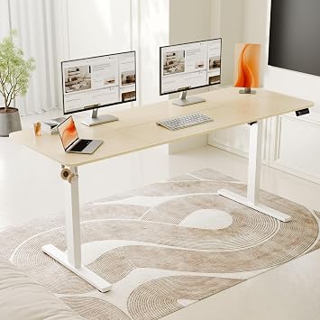 ERGOMAKER Electric Standing Desk, 67 x 23.6 Height Adjustable Sit Stand Desk with Splice Board for Home Office, Computer Desk Memory Preset (White Frame, Gold Oak Desktop)