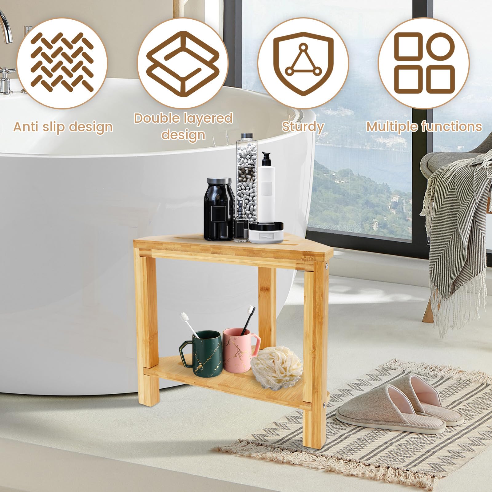 Eck-Duschhocker, Bambus, Fußstütze, Duschbank, platzsparend, kleine Spa-Hocker für Rasur und Shampoo, perfekt für Badezimmer