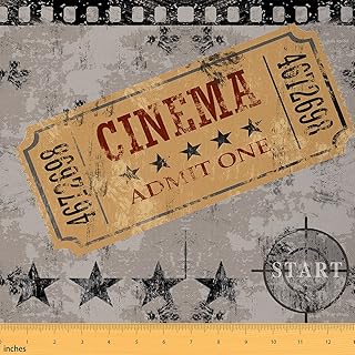 Cinema Poster Design Upholstery Fabric,Movie Theater Fabric by The Yard, Movie Stamp Decorative Fabric for Upholstery and Home DIY Projects, Grunge Art Outdoor Fabric, 1 Yard,Yellow