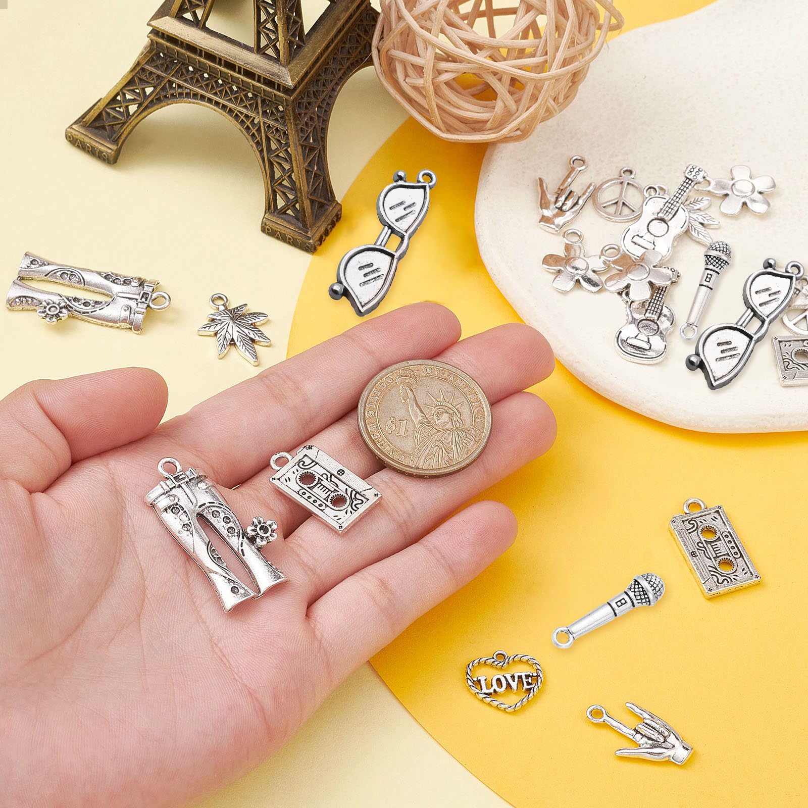 Stiesy 100Pcs 10 Styles Tibetan Hippie Theme Charms Antique Silver Guitar Peace Sign Leaf Shape Dangle Charms for Crafts Jewelry Making - Image 3