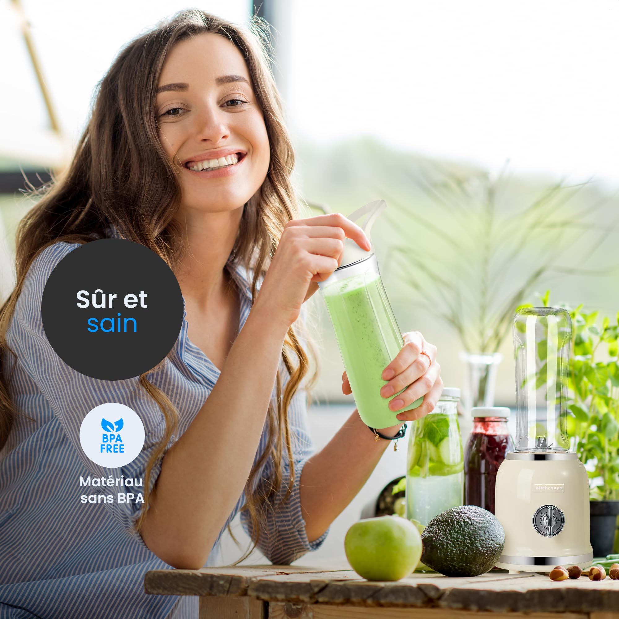 Mixeur Électrique avec 2 Bouteilles Portables de 600 ml sans BPA pour Smoothies | Mixeur Multifonctionnel pour Milkshakes Fruits | 6 Lames en Acier Inoxydable