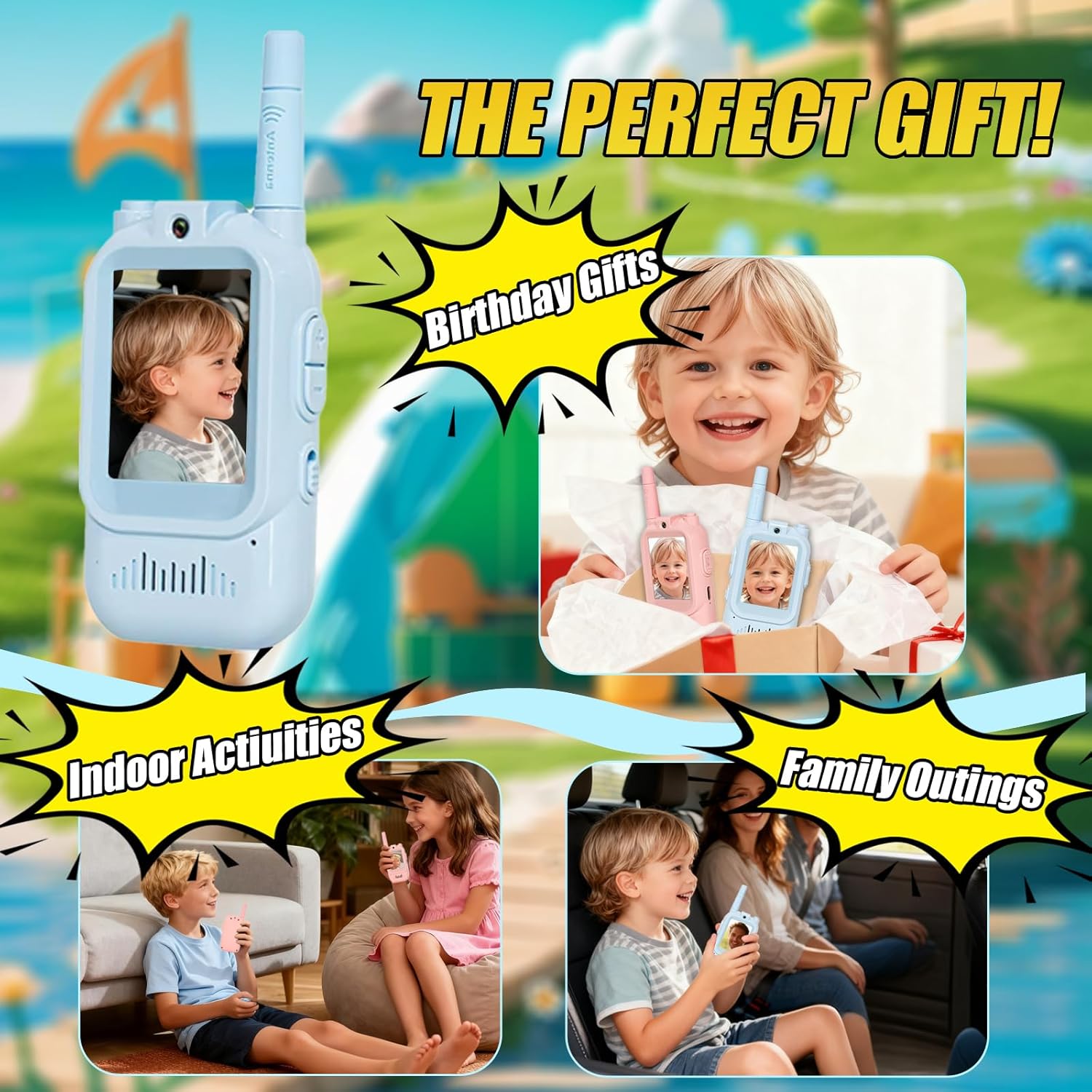 Video Walkie Talkies for Kids Pack of 2, Long Range 2 inch Screen Rechargeable Video Chat Intercom, Indoor Outdoor Voice Effects Toys for Family Games, Camping, Hiking, Gift for Boys Girls Ages 3-12