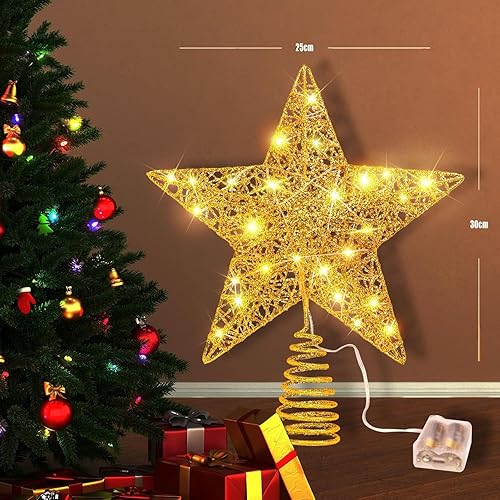 Miniatura 4 de Estrella de metal con purpurina dorada de 8 pulgadas para la punta del árbol de Navidad, iluminada con 20 luces LED para decoraciones navideñas,