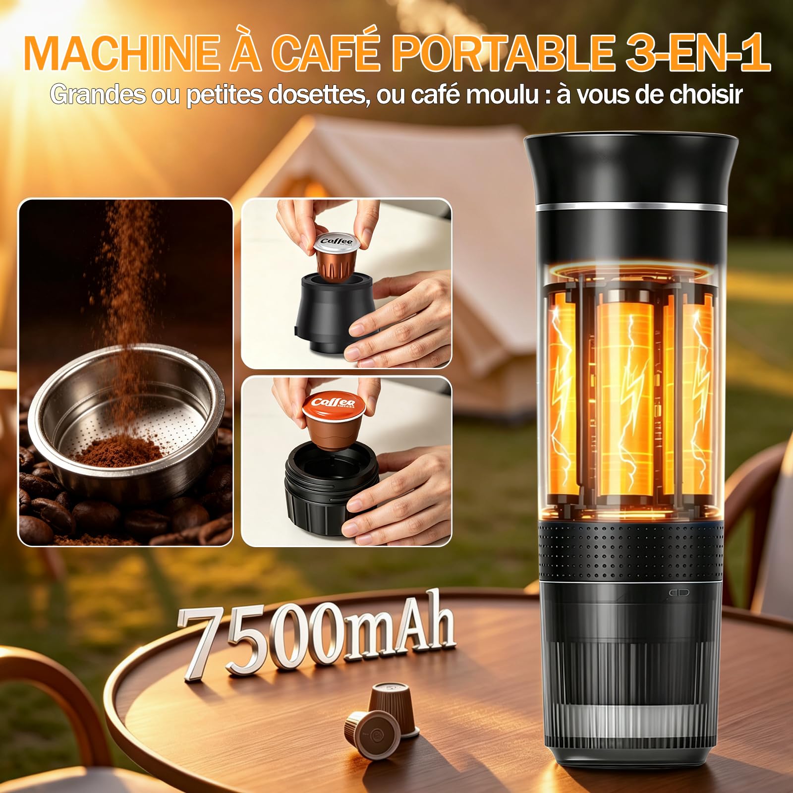 Máquina de café portátil de viaje, para acampar, oficina, casa, coche | 3 en 1 cafetera portátil calefacción rápida USB-C 20 bar hasta 18 g café molido cápsulas NS Gift-giving