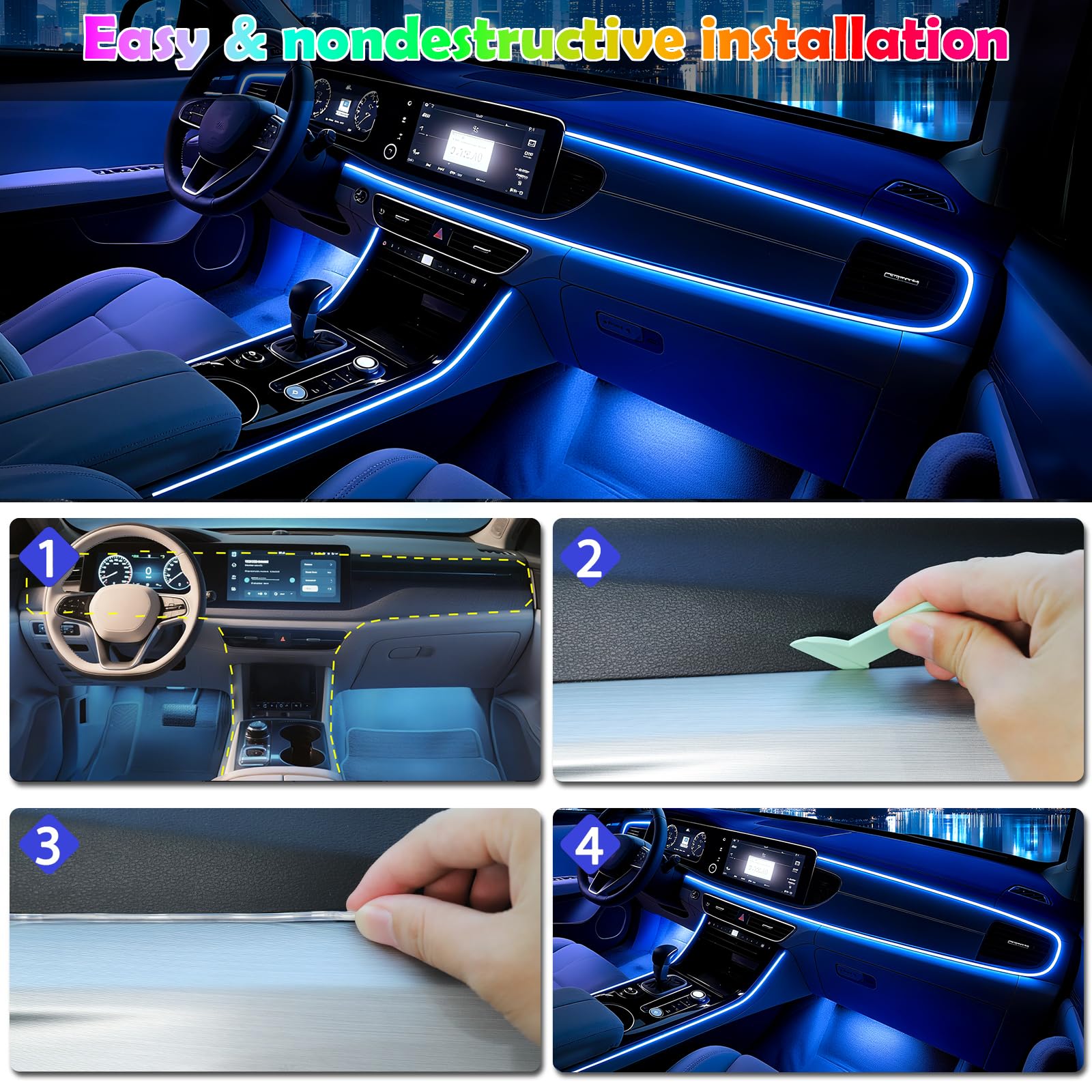 Car Led Strip Lights, Interior Car Lights, App Control Ambient Lighting Kit With RGB 16 Million Colors Fiber Optics&Music Sync Rhythm, USB Neon Light Accessories for Center Console&Dashboard, Upgraded