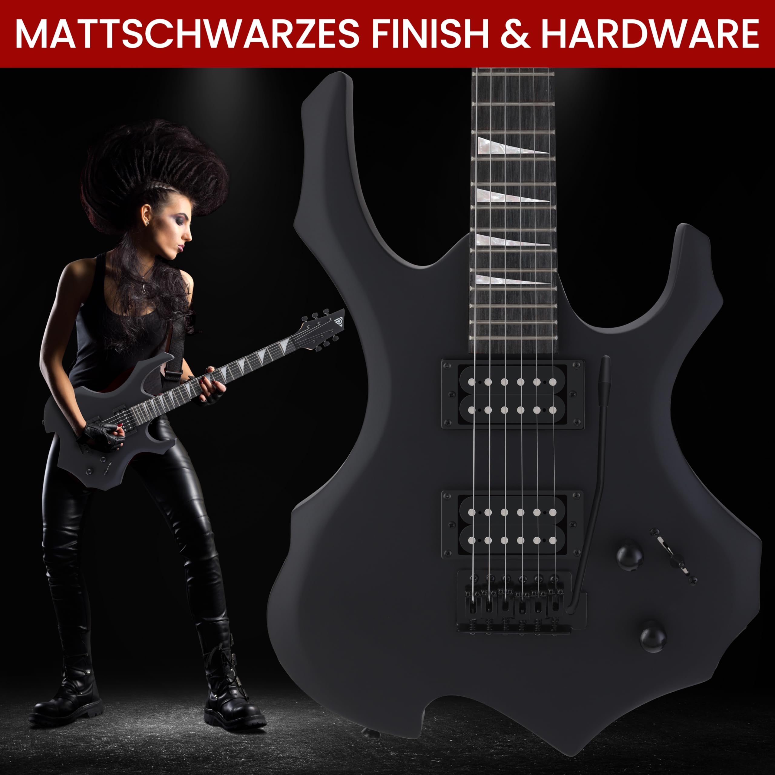 Pyle E Gitarre – Electric Guitar Set – E Gitarre Set mit Elektrische Gitarre, E-Gitarre Verstärker, Gitarren Tasche, Saiten, Gurt, Stimmgerät & Kabel, für Heavy Metal & Reisegitarre, Gitarre Schwarz