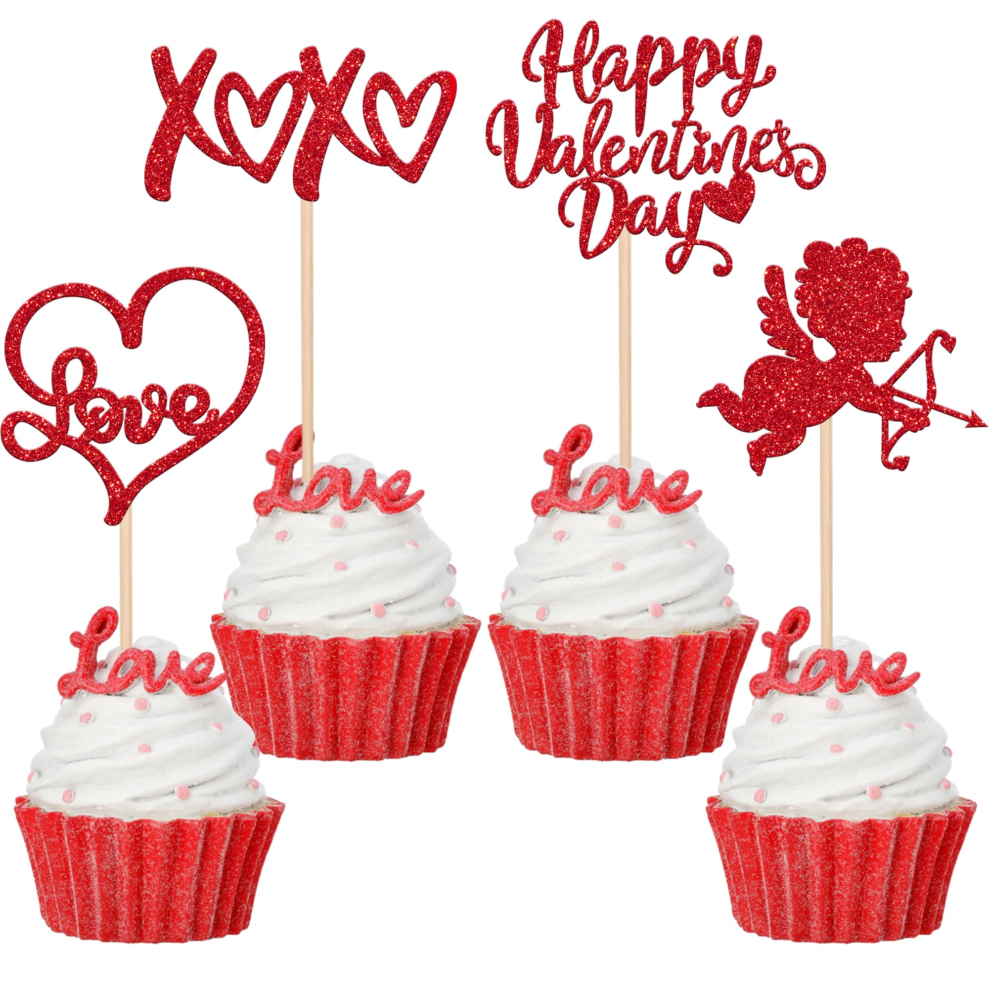 Xsstarmi 24 Pack Happy Valentine's Day Cupcake Toppers Glitter XOXO Cupid Sweet Love Cupcake Picks for Happy Valentine's Day Theme Wedding Bridal Shower Birthday Party Cake Decorations Supplies Red