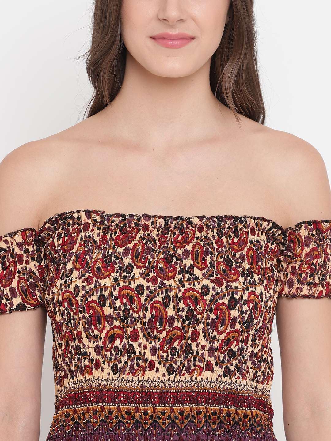 GrabMe Store Women's Rayon Printed Off-Shoulder Smocked Crop Top Short Sleeve Casual Styles Tank Top (Free Size) Multi3