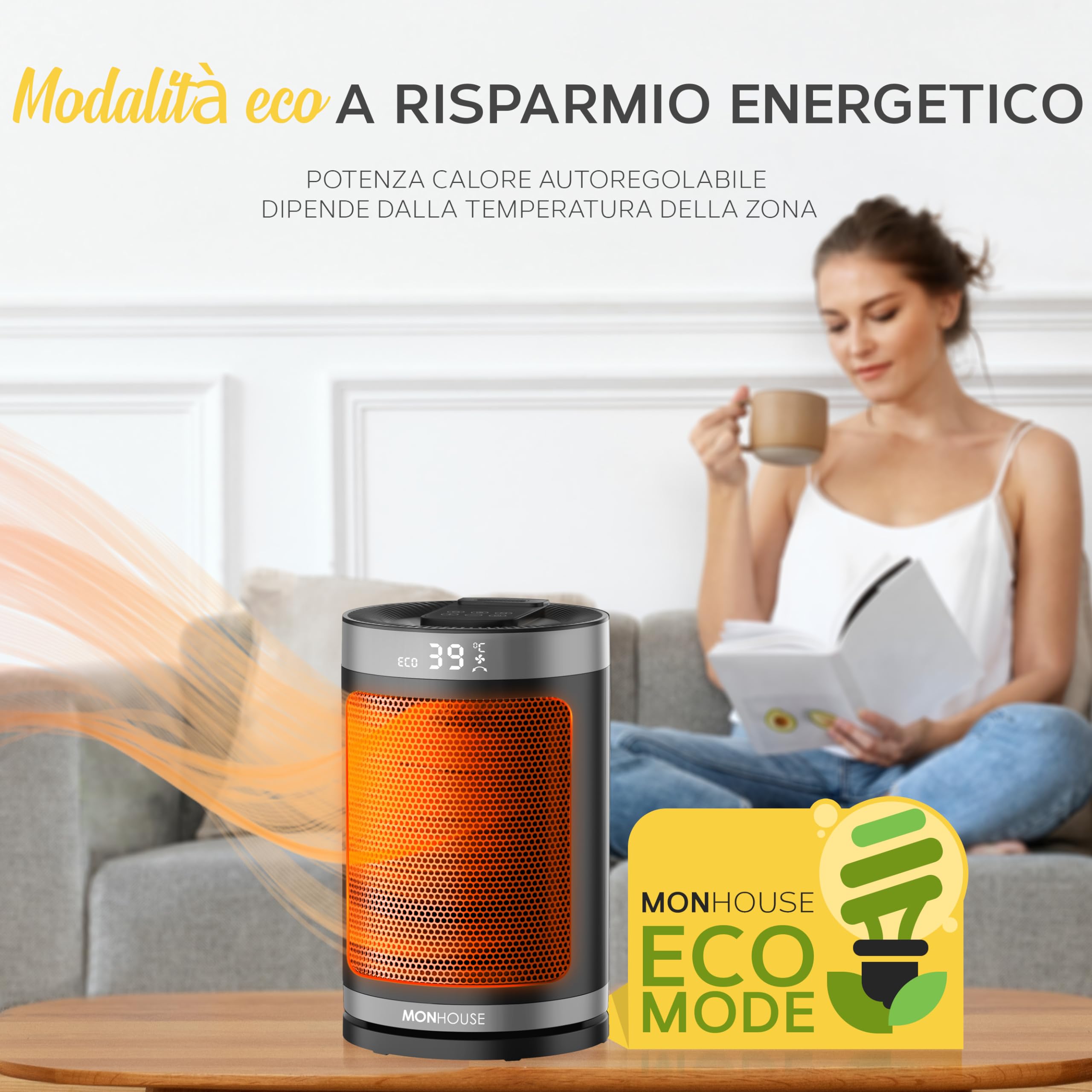 MONHOUSE 120° Riscaldatore Elettrico in Ceramica Oscillante a 120° con Termostato, Timer 1-12 ore, Telecomando, Protezione da Surriscaldamento e Inclinazione, Modalita ECO a Risparmio Energetico