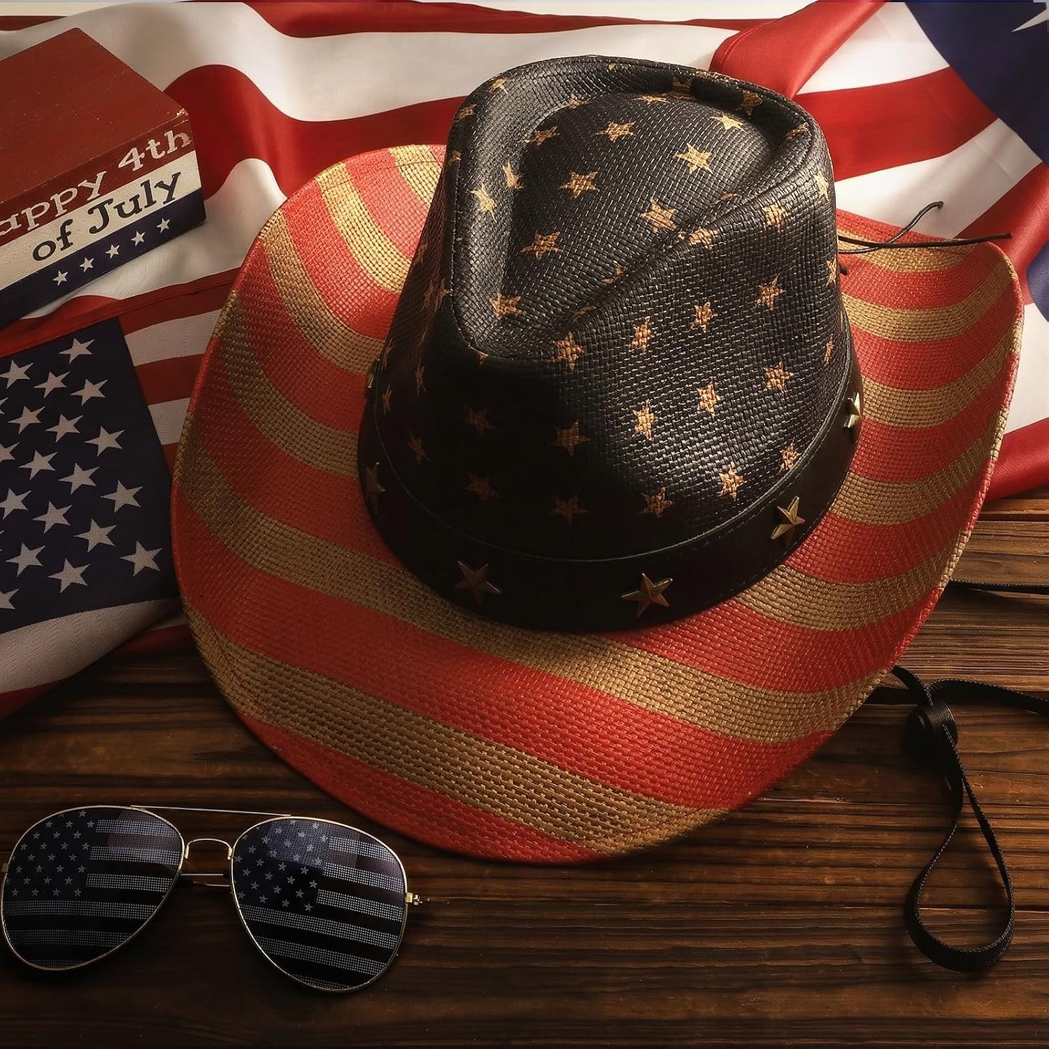 American Flag Straw Cowboy Hat with Theme Sunglass 4th of July Cowboy Hat for Men Women Patriotic Cowgirl Hat