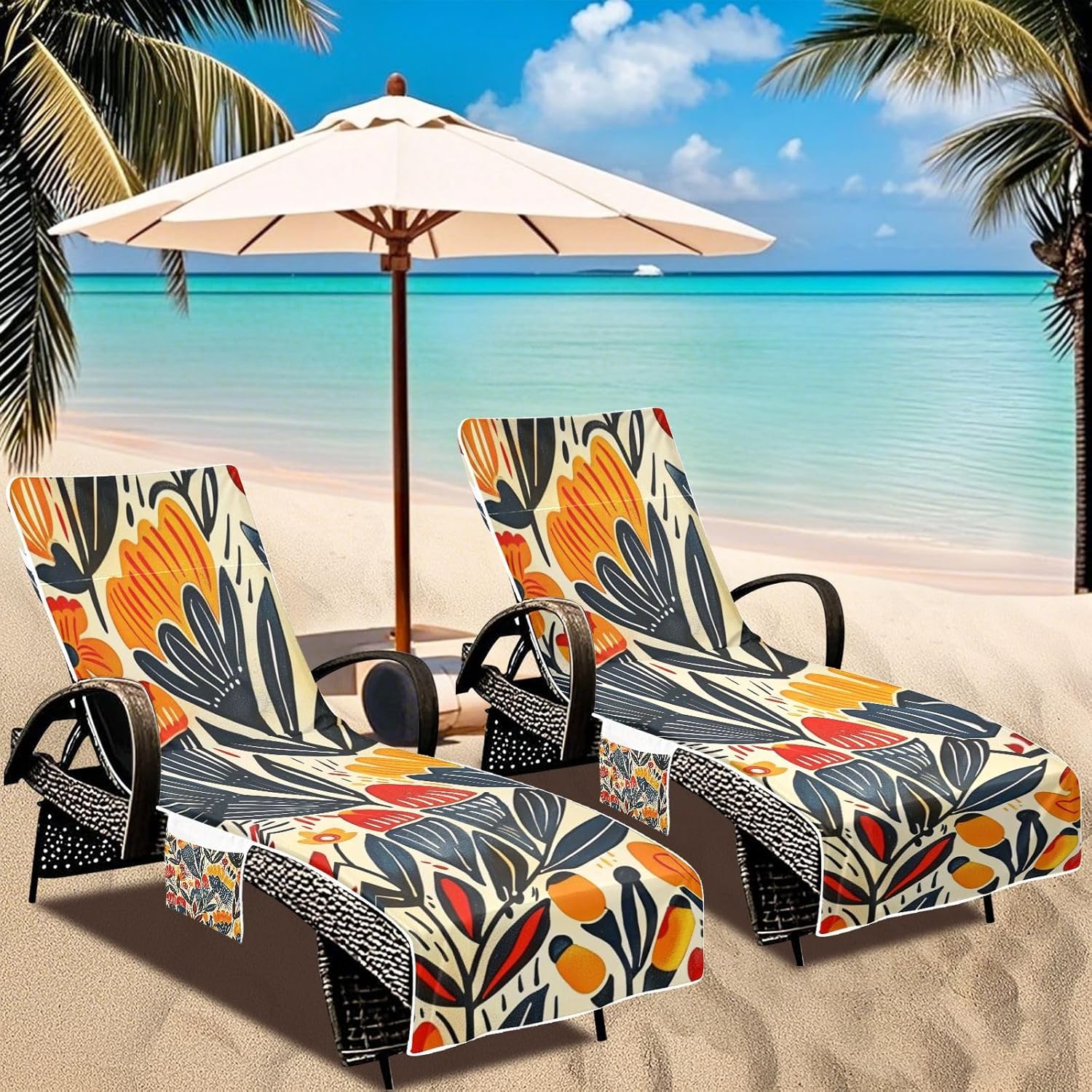Colorful Flower Folk Art Patio Lounge Chair Covers Heavy Duty Patio Chaise Lounge Chair Towels with Pockets for Pool Sunbathing Beach Garden, 85" X 30"