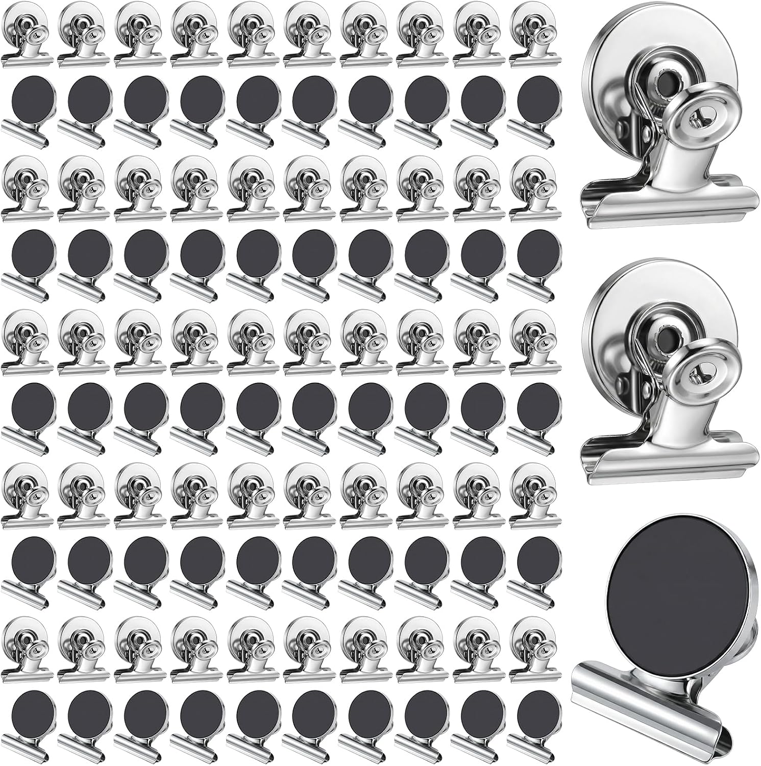 100 Pack Heavy Duty Fridge Magnets, Strong Magnetic Clips for Cruise Cabins, Refrigerator & Whiteboard Organizer, Silver Stainless Steel Photo Holders for Home and Office Use