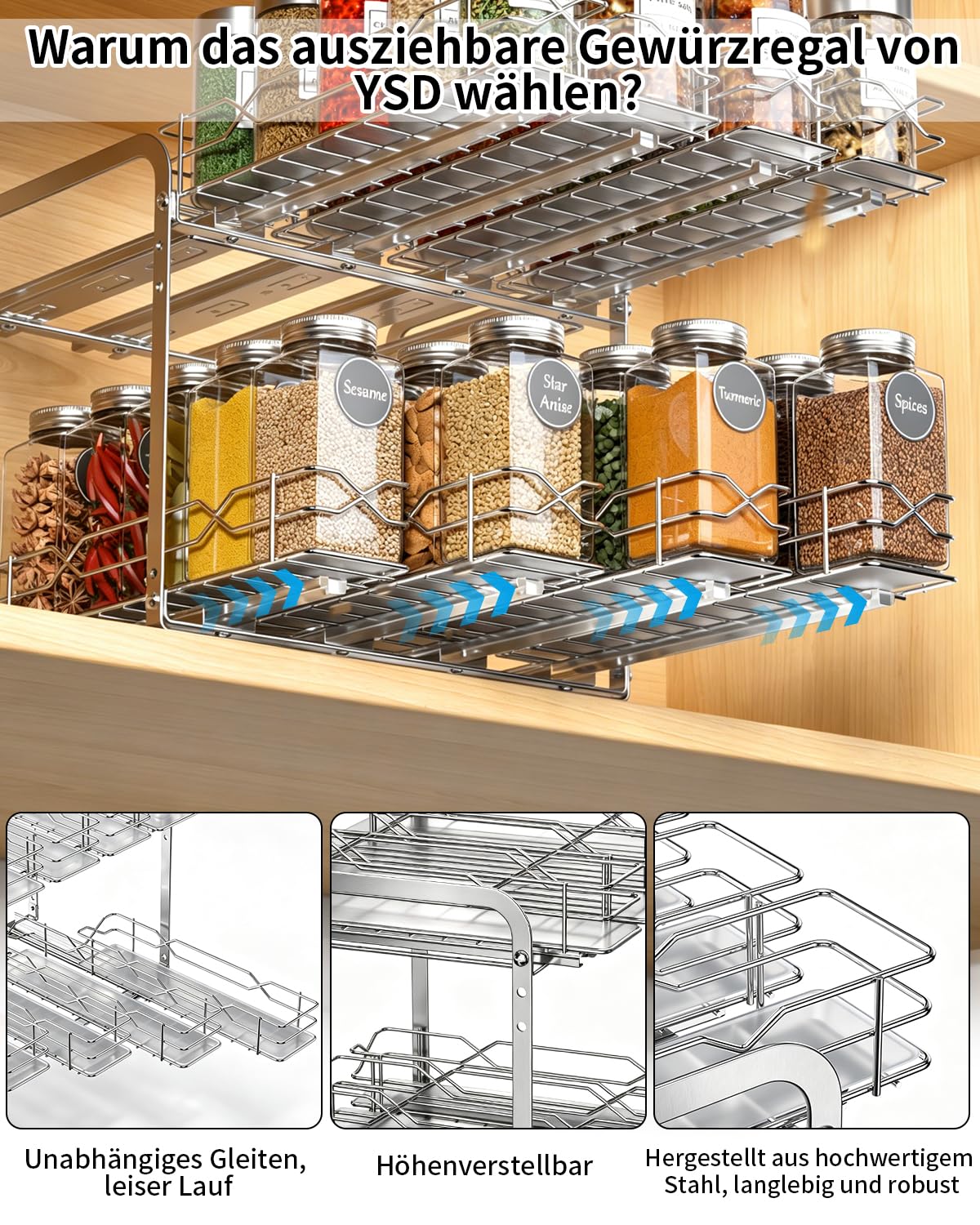 YSD Gewürzregal Ausziehbar für Oberschrank Küche – 2 Ebenen, Edelstahl | 4 Körbe pro Ebene einzeln ausziehbar. Höhenverstellbar.platzsparend. Kleben/Schrauben. Leise Schienen. Küche/Bad. Ohne Gläser