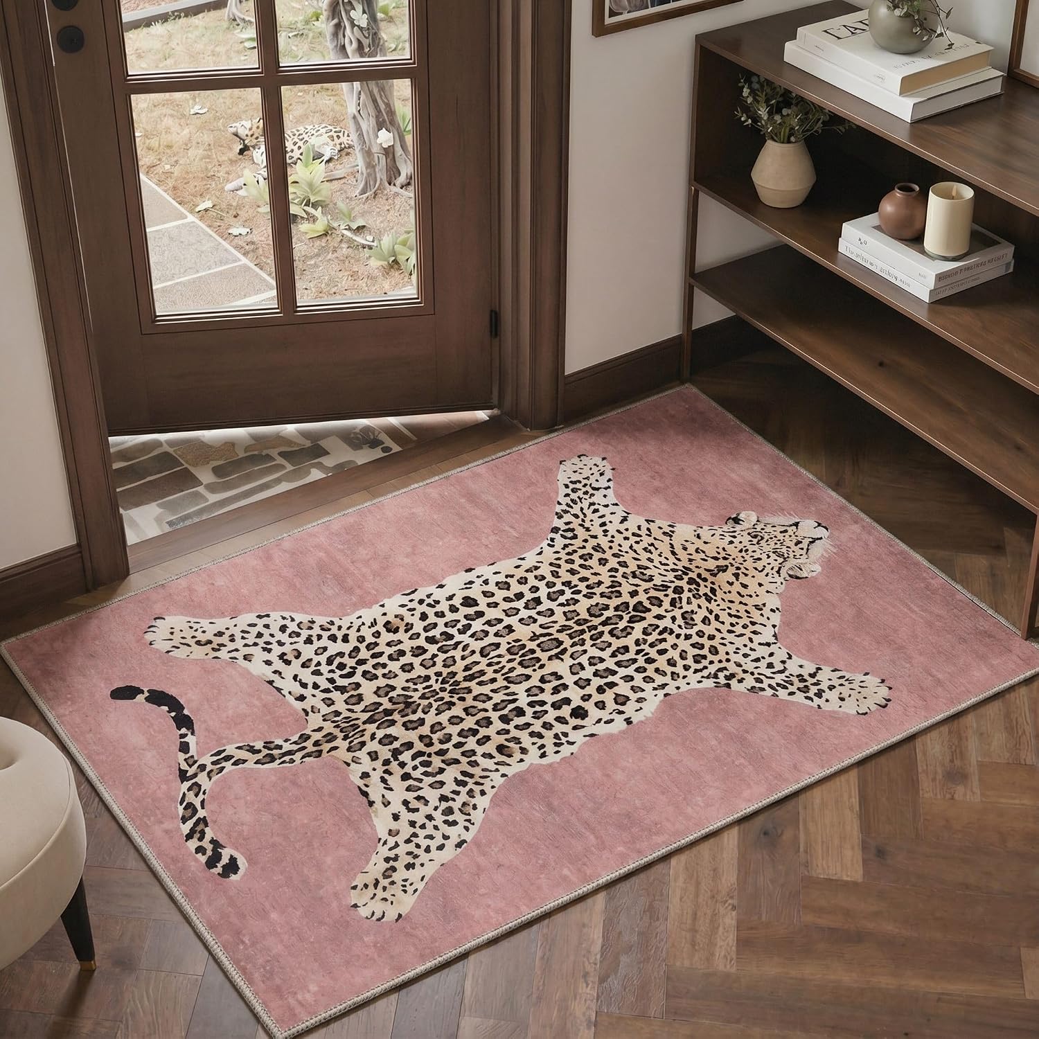 Bavni 5x7 Area Rug Machine Washable Non Slip Low Pile Print Rug for Living Room Bedroom Dining Room, Leopard Skin Dusty Blush