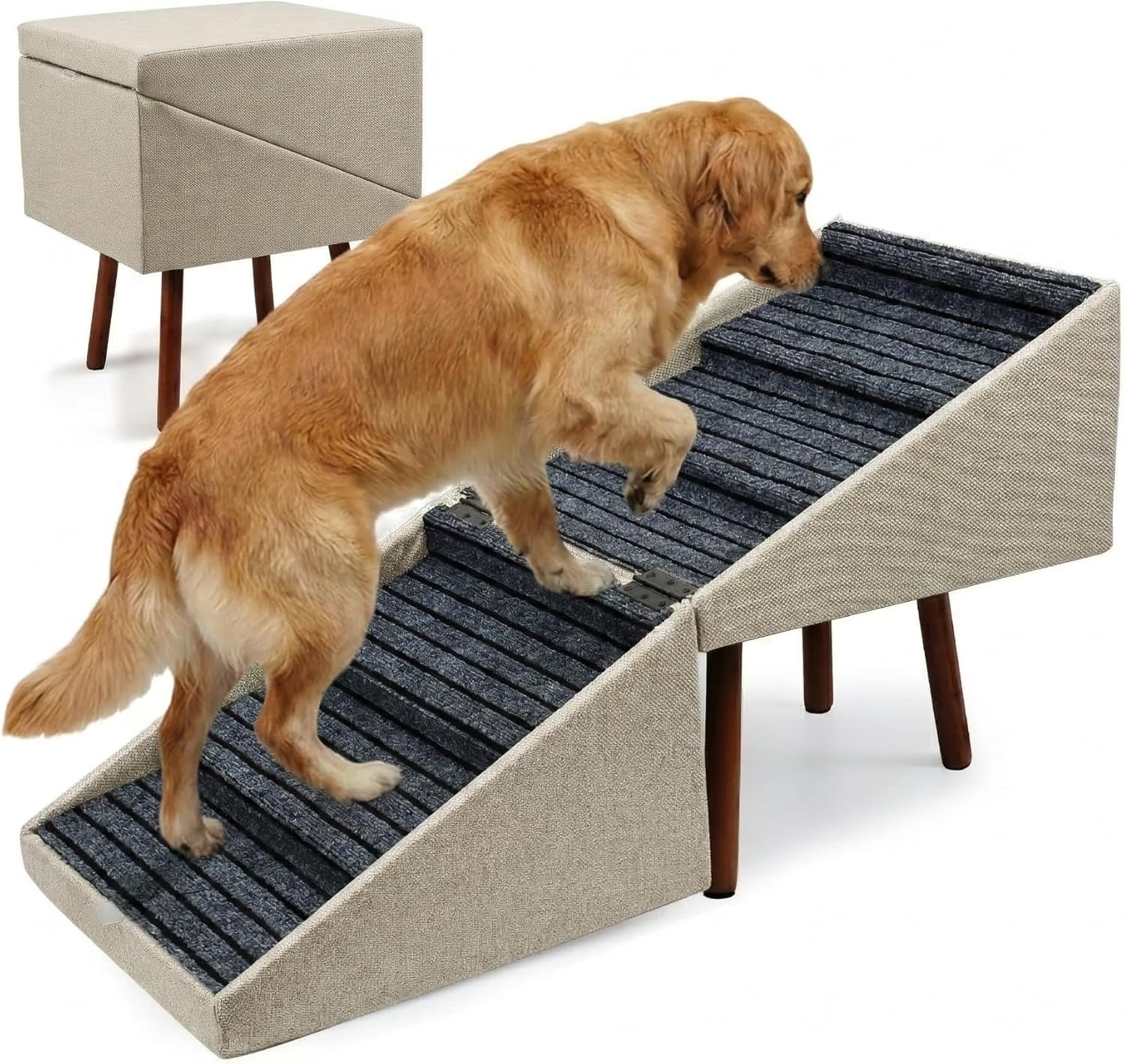 2-in-1 Dog Stairs for Bed and Couch, 21.6 Inch High,Foldable Ottoman with 6 Steps, Joint Relief for Small and Large Dogs (Beige H 21.6")