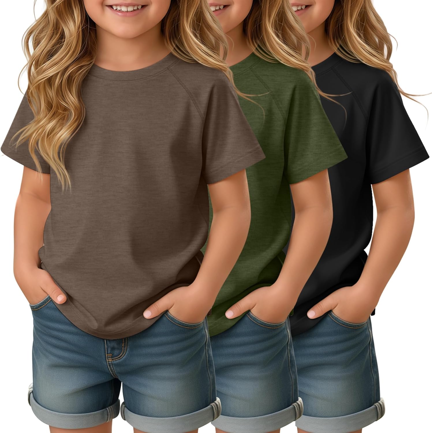 3 Pack Toddler Girls' Crew Neck Shirts Short Sleeve Raglan Tops Curved Hem Casual Tshirts Baby Kids Loose Tees