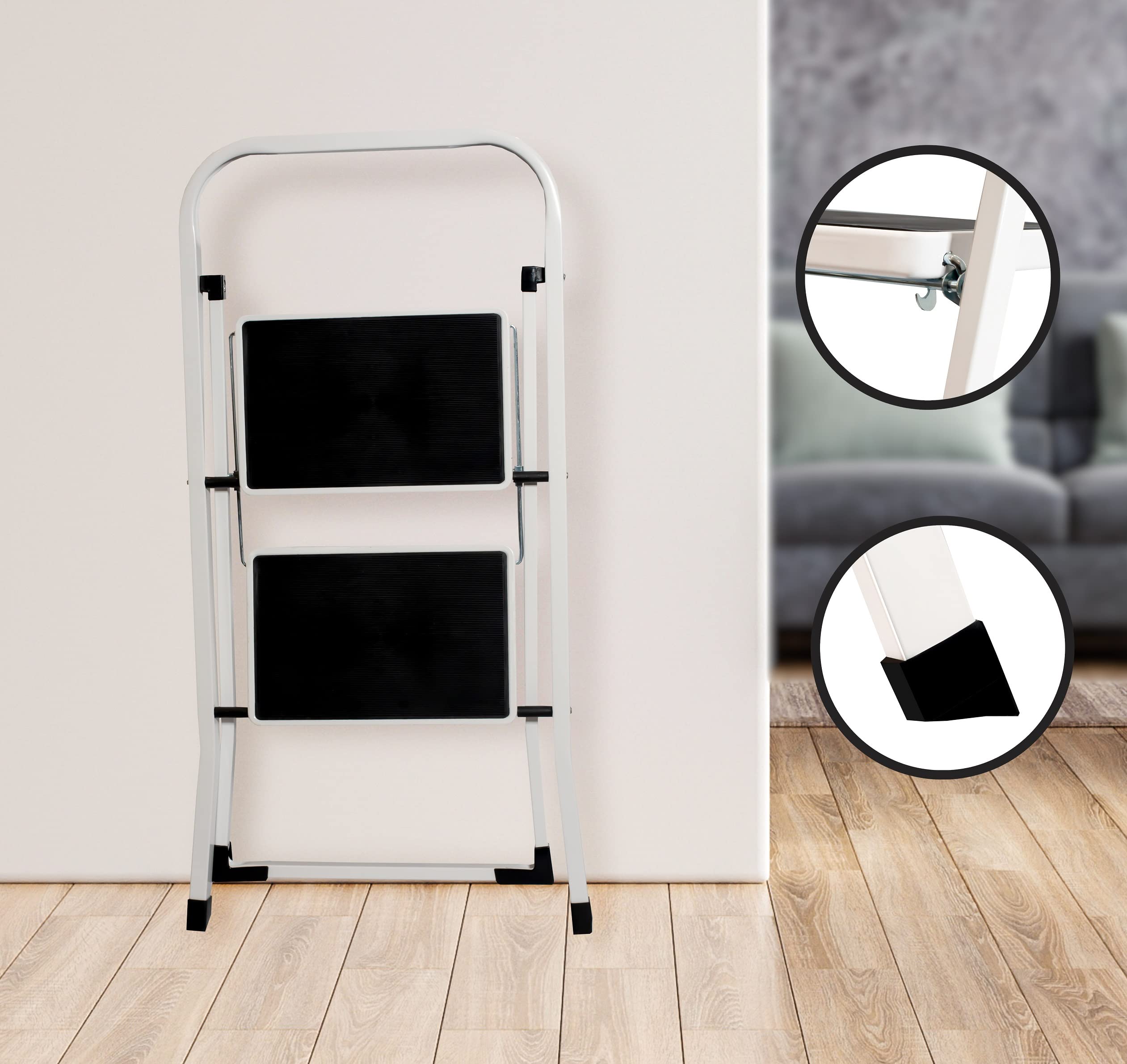 Escalera Plegable, Escalera 2 peldaños, domestica para hogar, Antideslizante, multifuncion, Resistente, 52.5x47x82.5cm 4kg (2 PELDAÑOS) Blanco