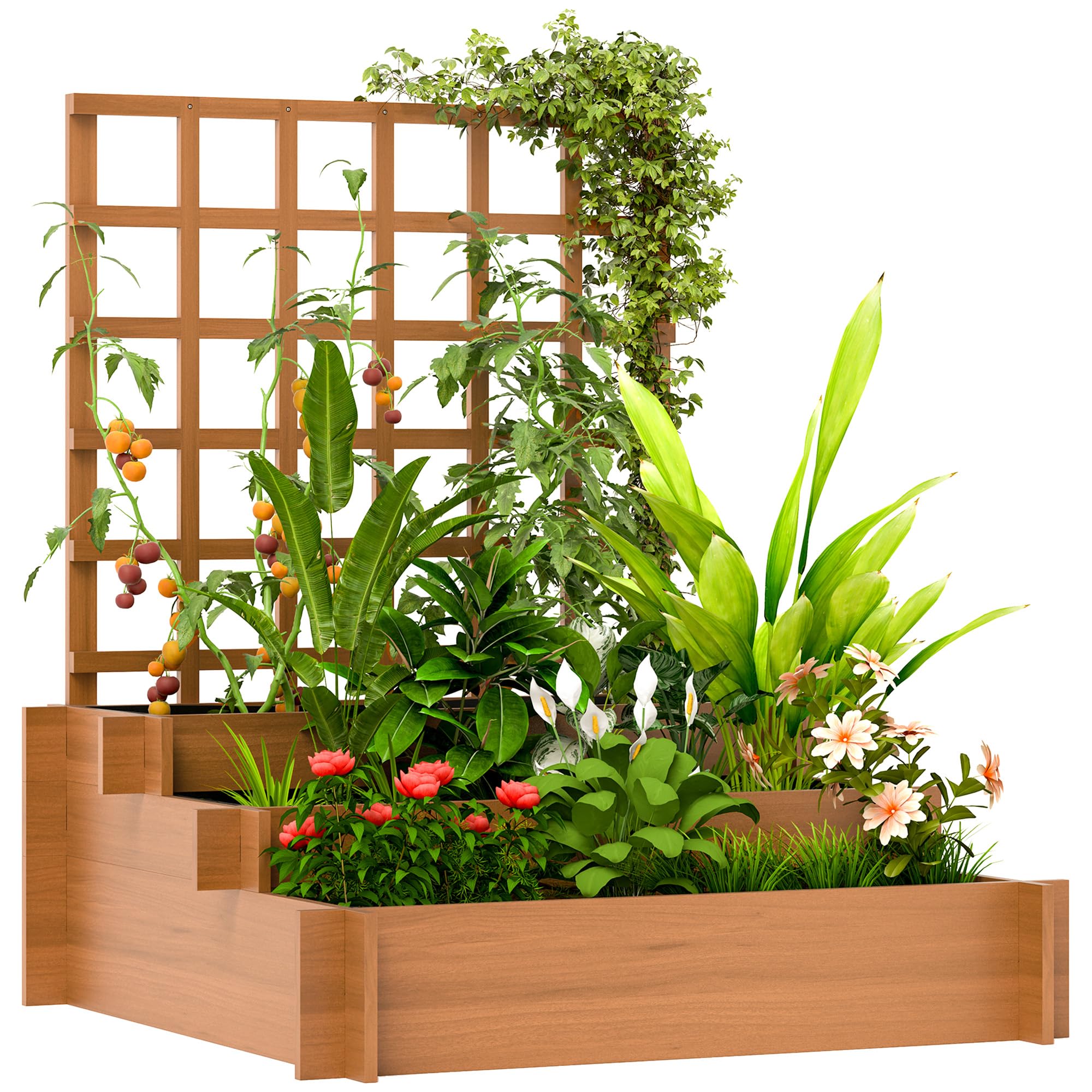 Outsunny Hochbeet mit Rankhilfe 3-Stufig Vliesstoff Braun 95x95x110cm