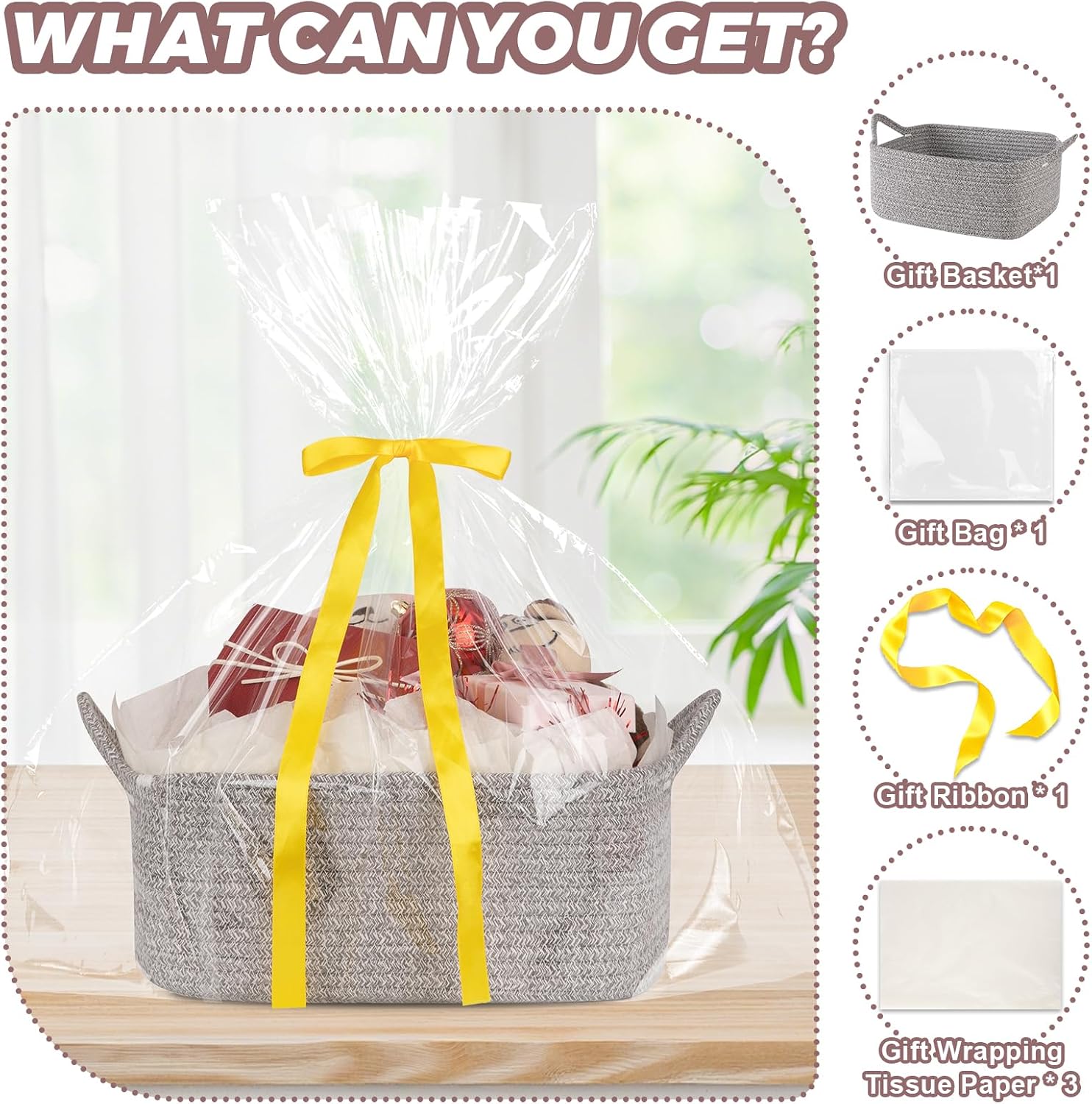 OIASKET Basket for Gifts Empty, Woven Storage Basket with Gift Bag, Ribbon and Wrap Tissue Paper, Small Rope Toy Storage with Handles for Baby Shower, Dog Toy Organizer, 13.6" x 10" x 5.9”, Gray
