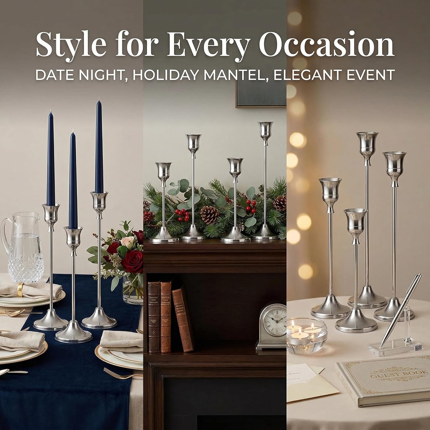 Silver Taper Candle Holders 4 Sets(12 Pcs) - Tall Metal Candlestick Holders for Table Centerpiece, Formal Dinner, Wedding, Fireplace Mantel Decor, Fits 3/4 Inch Thick Candles
