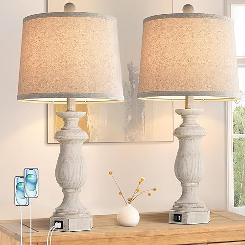 Juego de 2 lámparas de mesa de granja de 25 pulgadas para sala de estar, lámparas de noche grandes con puertos de carga USB duales, lámparas