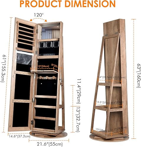 Miniatura 3 de Vlsrka LED Light Jewelry Cabinet with Full Length Mirror 360 Swivel, Large Jewelry Organizer Armoire Lockable Free Standing Mirror with Jewelry