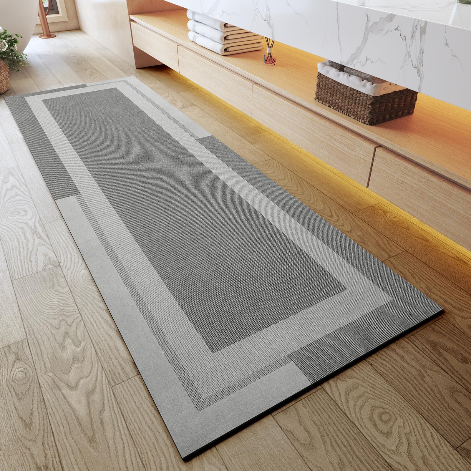 Quqei Extra Long Non Slip Bathroom Runner Bath Mat, Rubber Backing Ultra Thin Bath Rug Fit Under Door Quick Dry Super Absorbent Washable Shower Mat for Bathroom Floor Bathtub Sink, Grey 60x180 CM