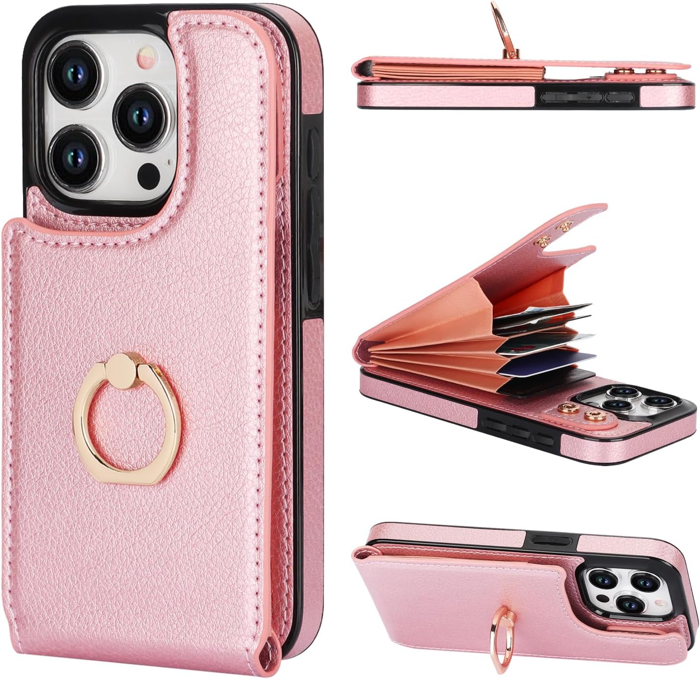 Folosu Compatible with iPhone 15 Pro Case Wallet with Card Holder, 360°Rotation Finger Ring Holder Kickstand, RFID Blocking Leather Protective Double Buttons Shockproof Cover 6.1 Inch Rose Gold