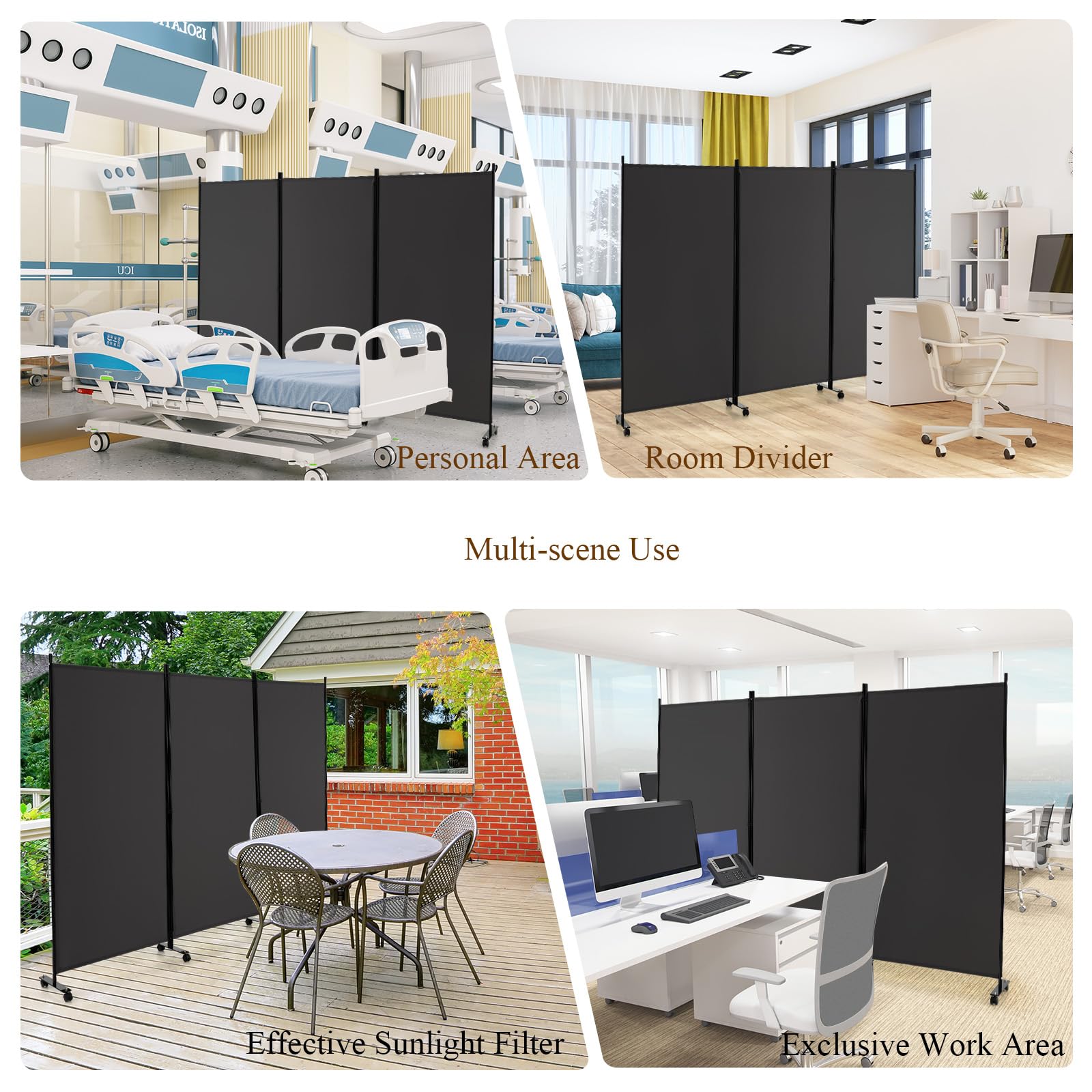 LIFEZEAL Biombo Plegable de 3 Paneles para Interior y Exterior, Divisor de Pie con 8 Ruedas, Pared Tabique, Estructura Metálica, Protección de la Intimidad, Separador de Espacios (Gris)