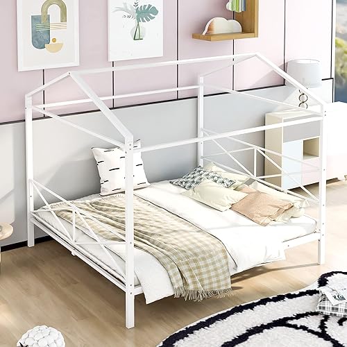 Miniatura 3 de Cama de forma de casa de tamaño Queen, cama de plataforma de cabina de metal con cabecero y estribo para niños adolescentes, no necesita caja de
