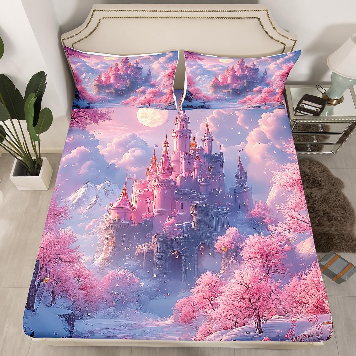 Romantic Castle Fitted Sheet Twin Size Girlish Fairy Tale Bedding Set 2Pcs(No Flat Sheet) Dreamy Pink Cherry Blossom Bed Sheet for Boys Girls Teens Room Decor Moon Nebula Clouds Deep Pocket Sheet