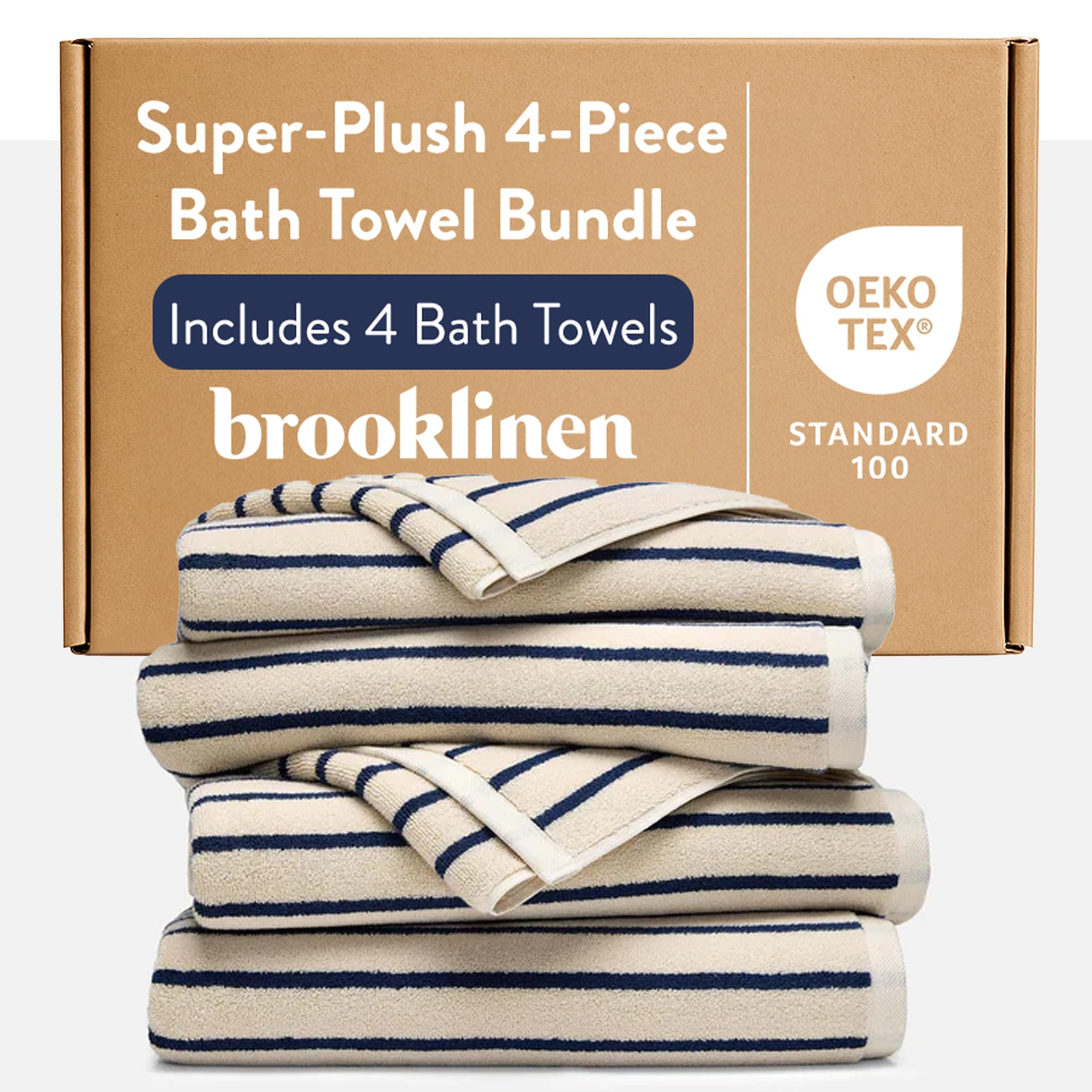 Brooklinen Super-Plush 100% Turkish Cotton Bath Towels - Set of 4-770 GSM, Highly Absorbent, Machine Washable, Perfect Bath Towel Set for Home & Bathroom (30" x 58",Striped Abyss)