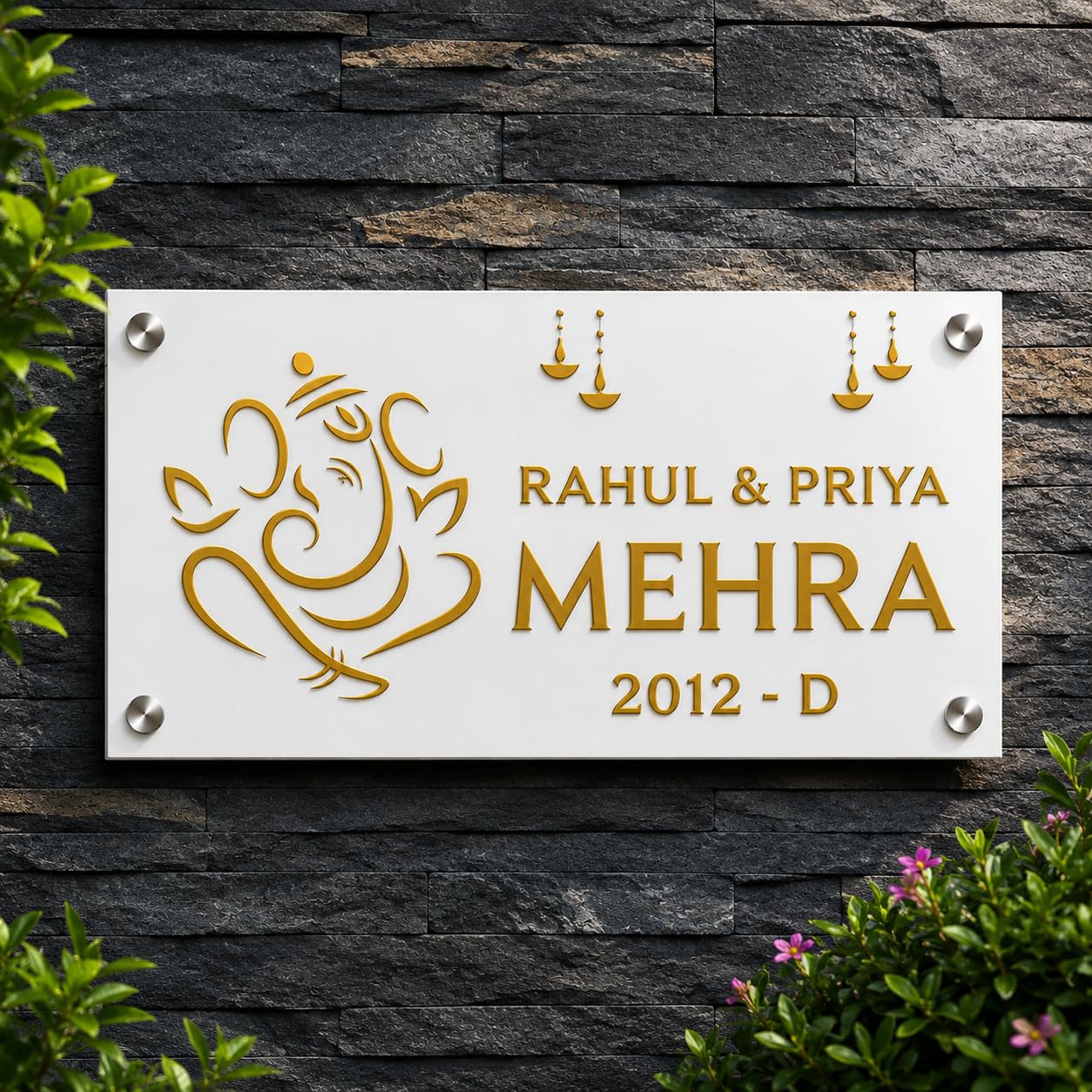 Custom Golden Acrylic Name Plate with Ganesha | Personalized House Nameplate with Name & Flat Number | Premium Door Wall Name Sign for Home Entrance 6 x 12 inch (Golden Mirror & Black) — Amazon image 6