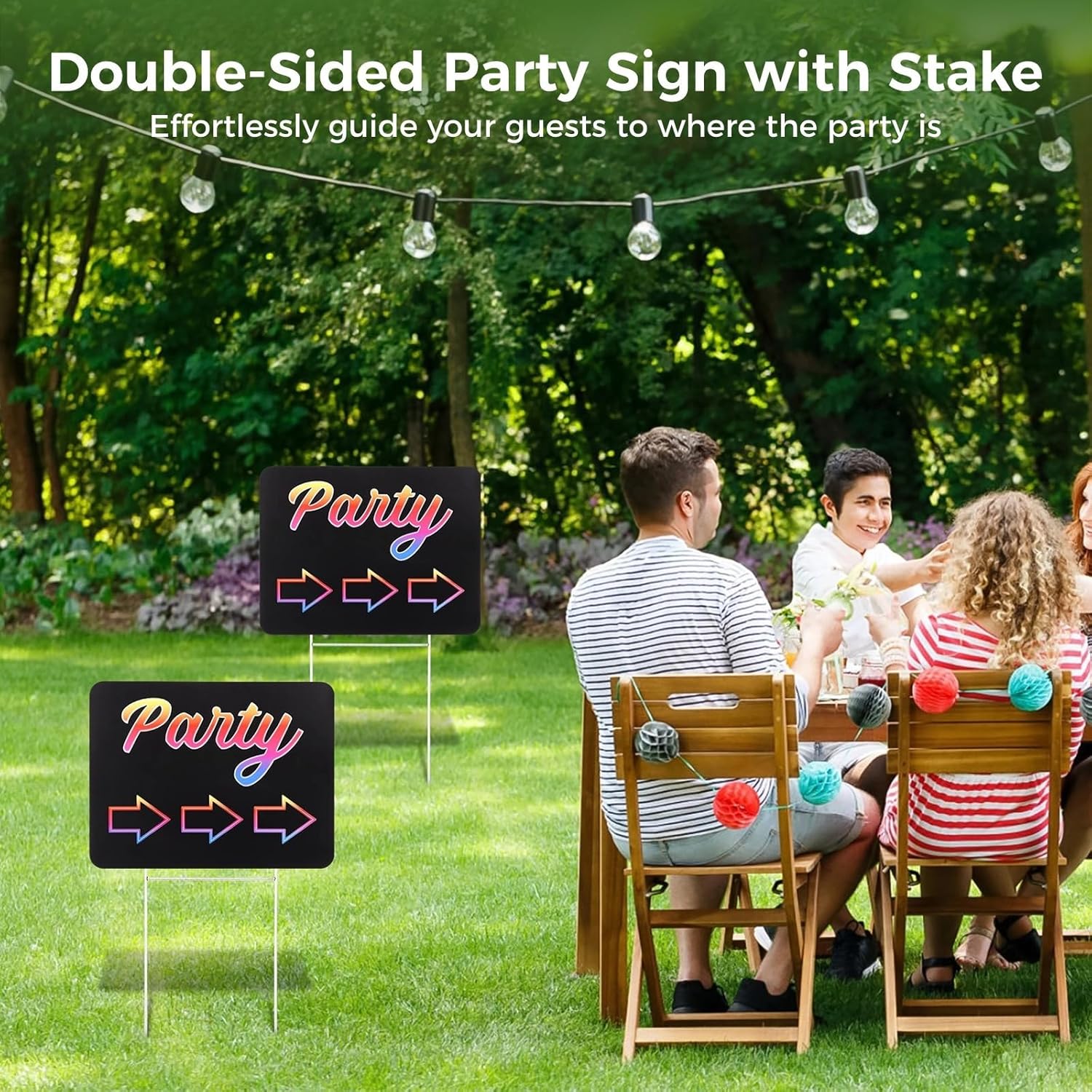 6-Piece Double-Sided Neon Directional Party Signs with Metal Stakes, Waterproof Outdoor Signage for Weddings, Bbqs, and Lawn Events