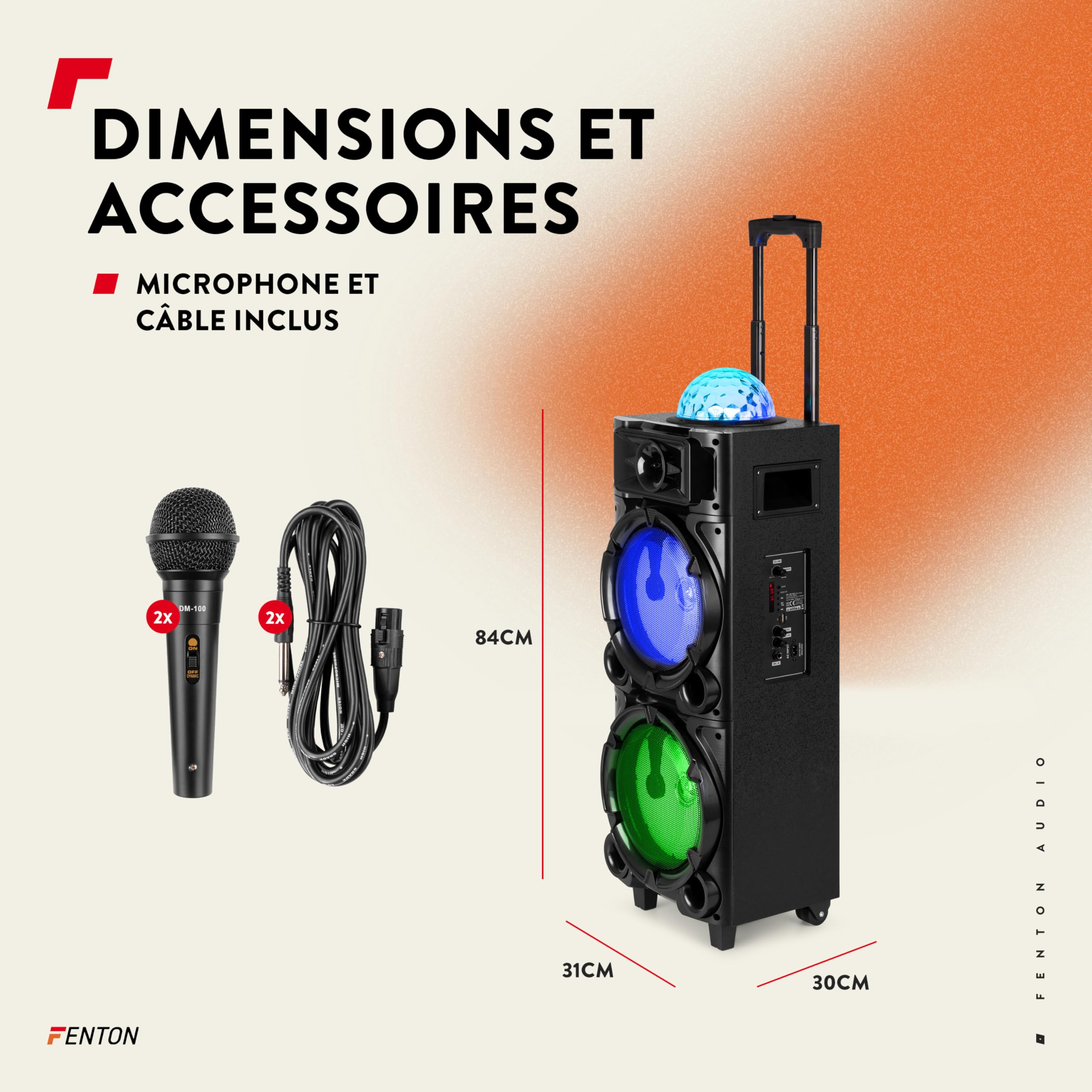Fenton LIVE290 Enceinte Karaoké Portable 2x8’’ avec Bluetooth - 300 Watts, 2 Micros, Boule Disco LEDs, Lecteur MP3, Autonomie 6H, Une Enceinte Idéale pour Les Soirées Disco avec Effets Lumineux