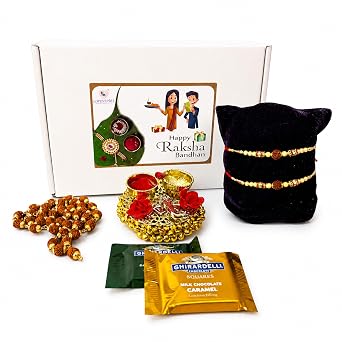 LoveNspire Raksha Bandhan Gift Hamper for Brother & Bhabhi - 2 Handmade Rakhi, Rudraksha Mala, Chocolates Pack, Greeting Card, Haldi Kumkum Holder & Roli Chawal