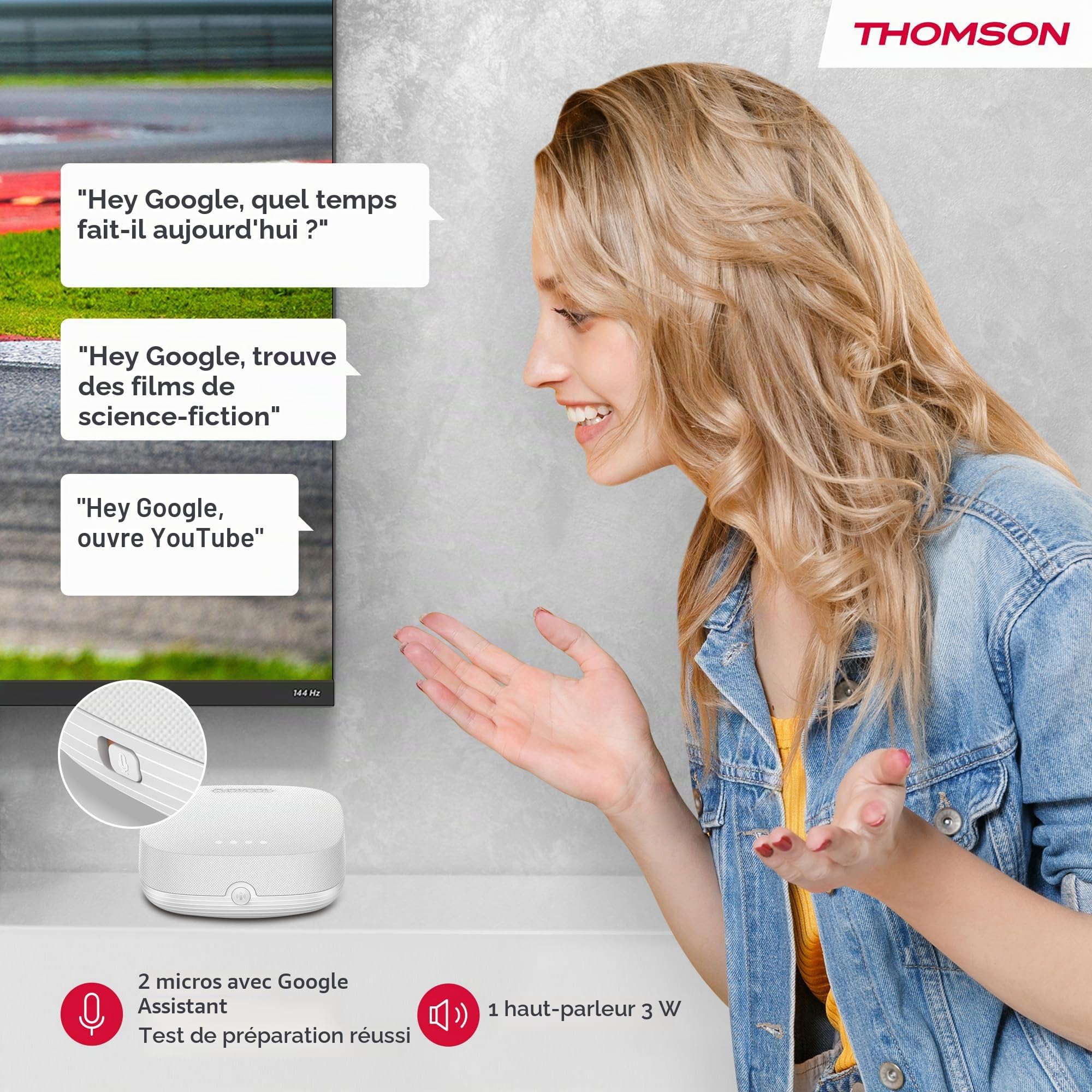 Thomson Streaming Box Plus 270 Blanc, Google TV, 4K UHD, Haut-Parleur intégré pour Commande vocale Mains Libres, Google Cast, Netflix, Disney+, Wi-FI, Adaptateur Secteur Multi-Prises, 3 Go de RAM, 32