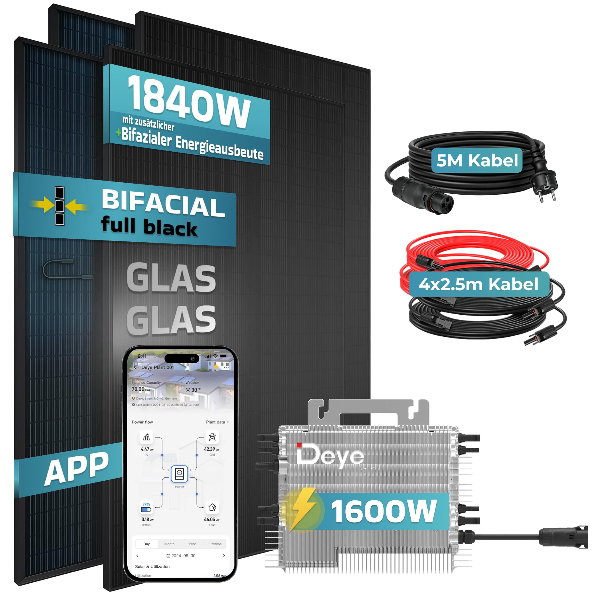 SUNNIVA® 1840W Balkonkraftwerk BIFAZIAL FULLBLACK komplett Steckdose DEYE 1600 Watt Wechselrichter, Solaranlage Komplettset, 4x 460W N-Type Glas-Glas Bifacial Solarmodule, 5m Kabel, 4x 2.5m Solarkabel