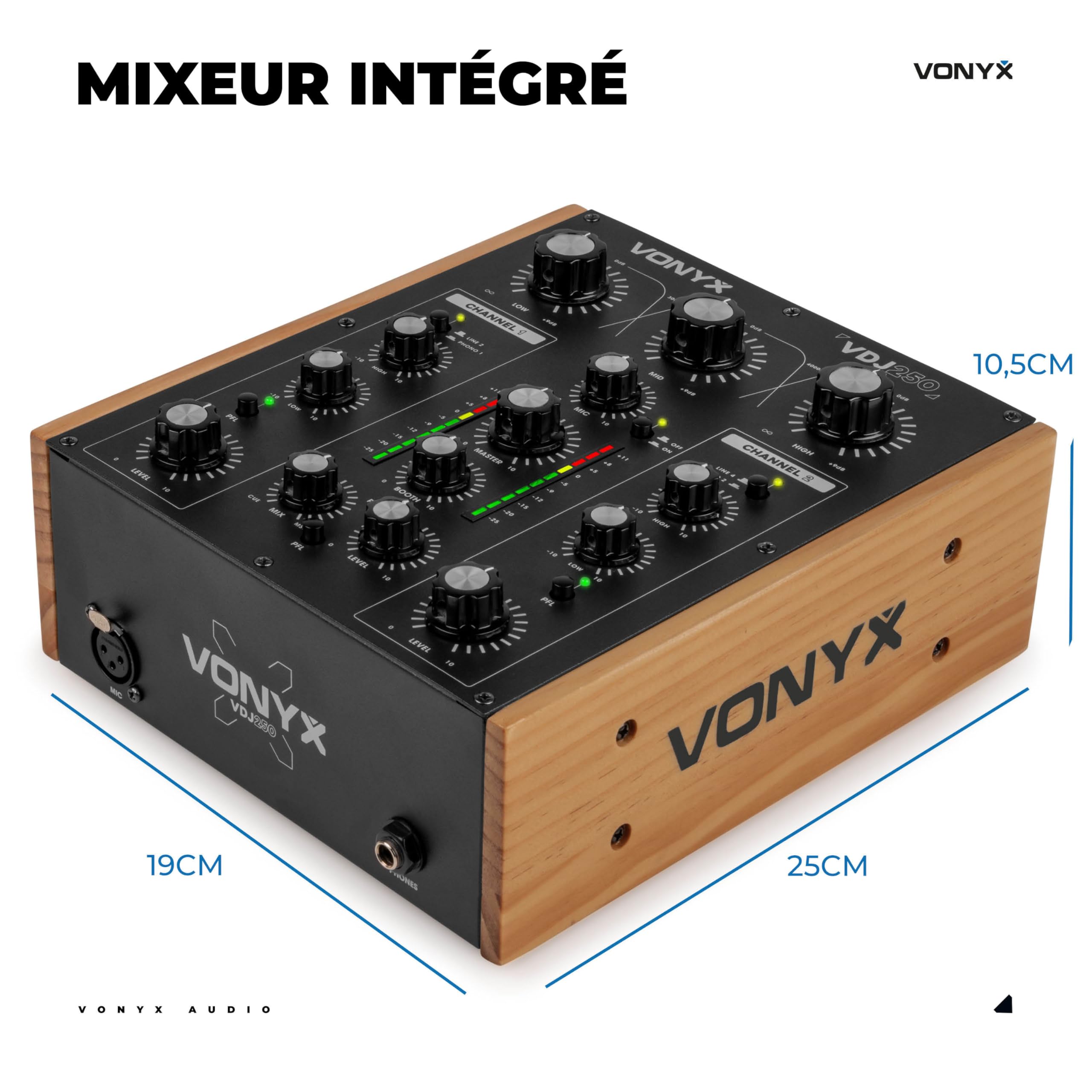 VONYX VDJ250 - Table de Mixage DJ Rotative 2 Canaux avec EQ 2 Bandes, Entrées Phono/Line, Mixer Analogique Compact pour DJ Vinyles & Sources Audio