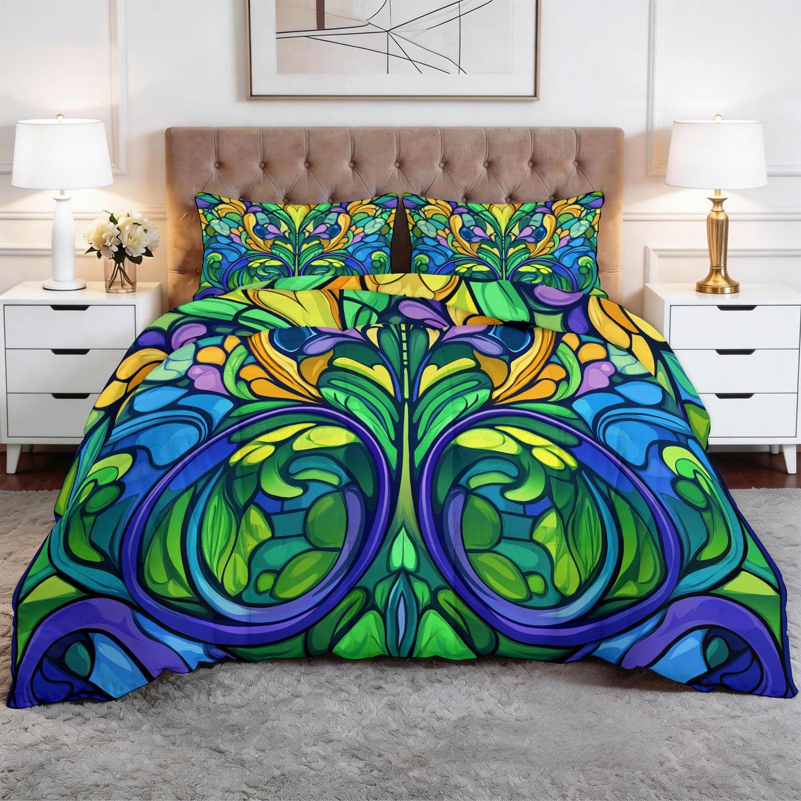 Couette sans housse 200x200 cm édredon lavable 4 saisons parure de lit bleu-vert 2 personnes
