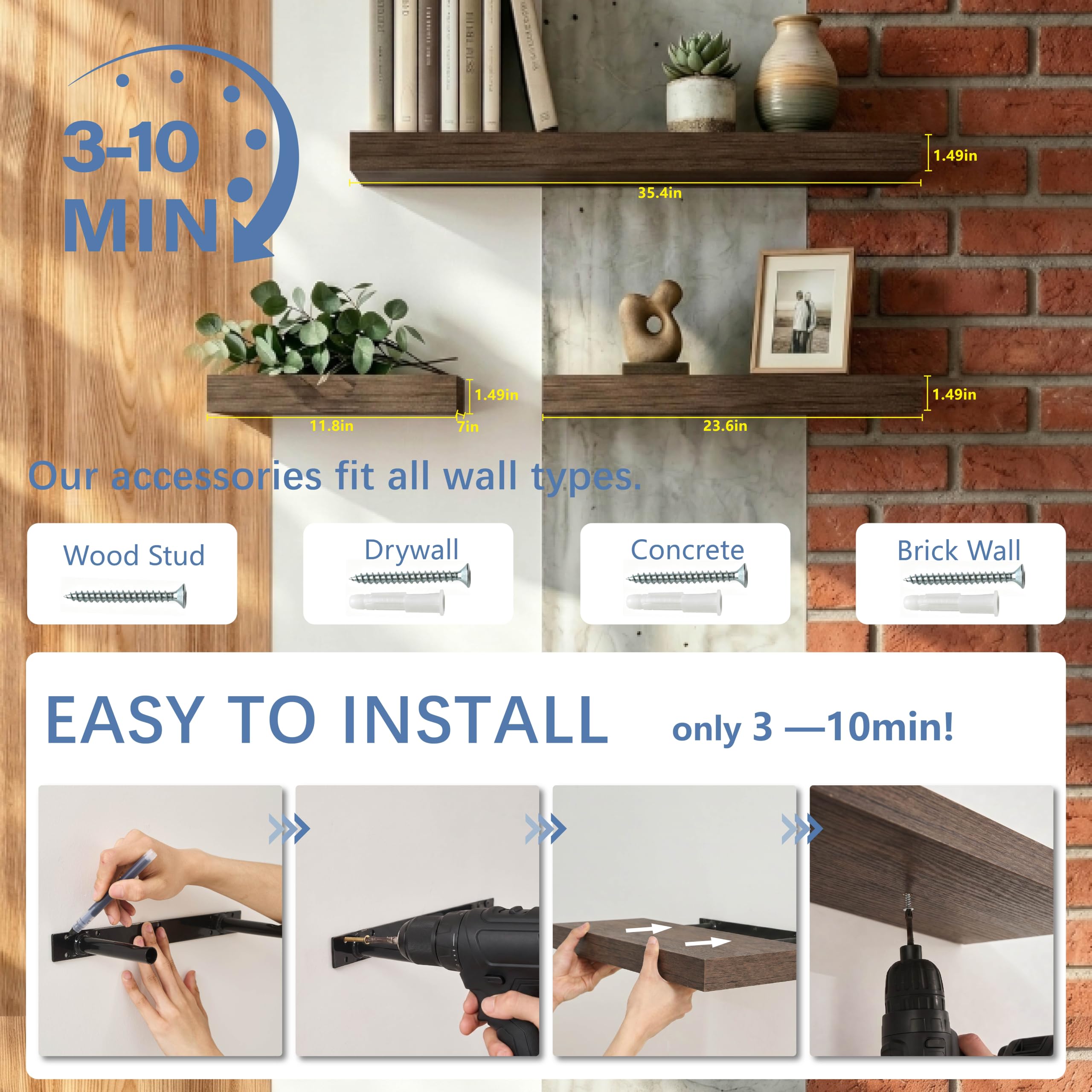 Estantes flotantes de madera para decoración de pared y almacenamiento, estantes colgantes resistentes con soportes invisibles, estante decorativo de pared para sala de estar, dormitorio