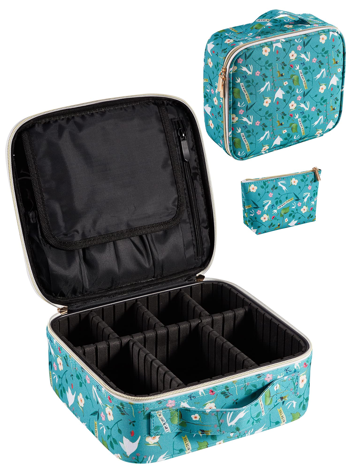 Schminktasche Schminkkoffer Make up Organizer Tasche Make up Bag mit Verstellbaren Teiler,Blauem Rosen